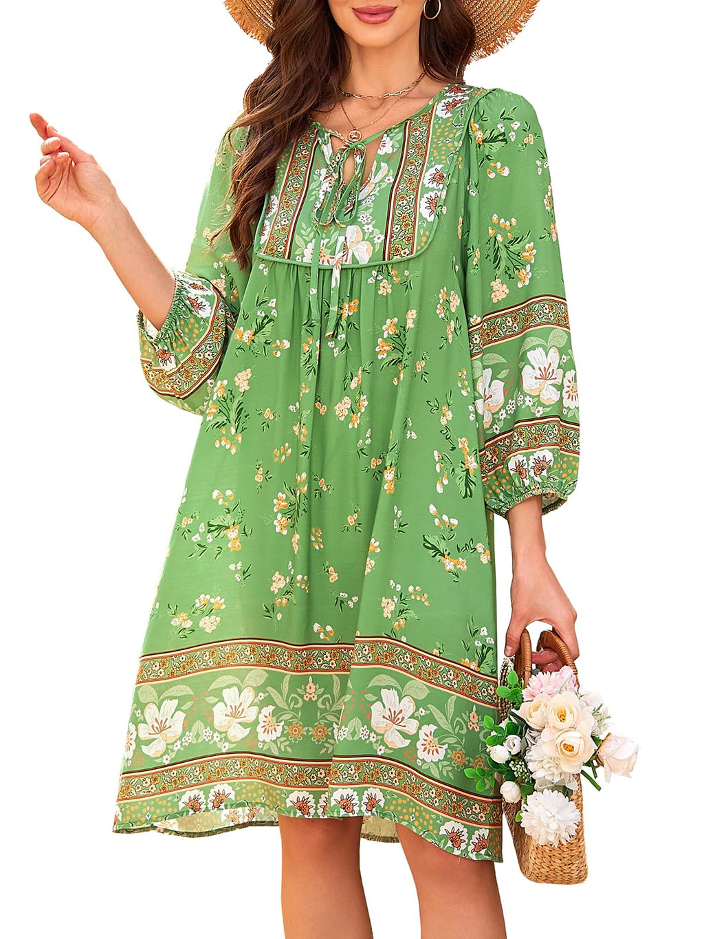 Qearal Summer Dresses for Women 2026 Vacation, 3/4 Sleeve Loose Tunic Dress Boho Beach Sun Dress Knee Length Light Green XL