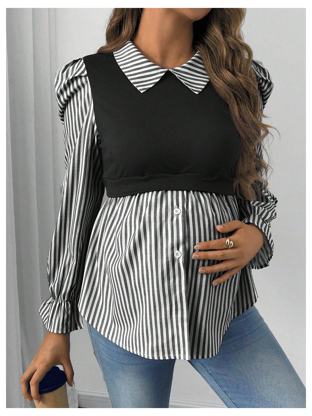 WDIRARA Women's Maternity Striped Button Down Shirts Long Sleeve Collared Blouse 2 in 1 Nursing Top Black Large