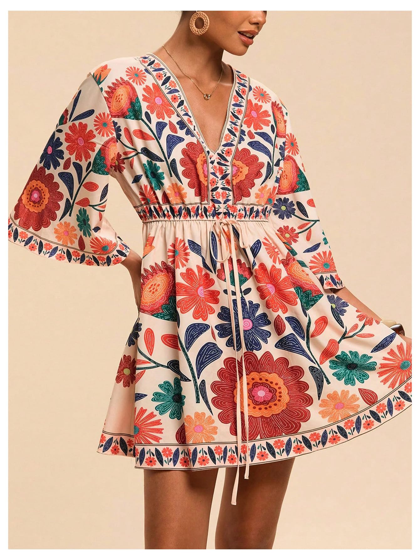 WDIRARA Women's Floral A Line Short Dress V Neck 3/4 Sleeve Flowy Dresses Boho Beach Vacation Multicolored Flower X-Large