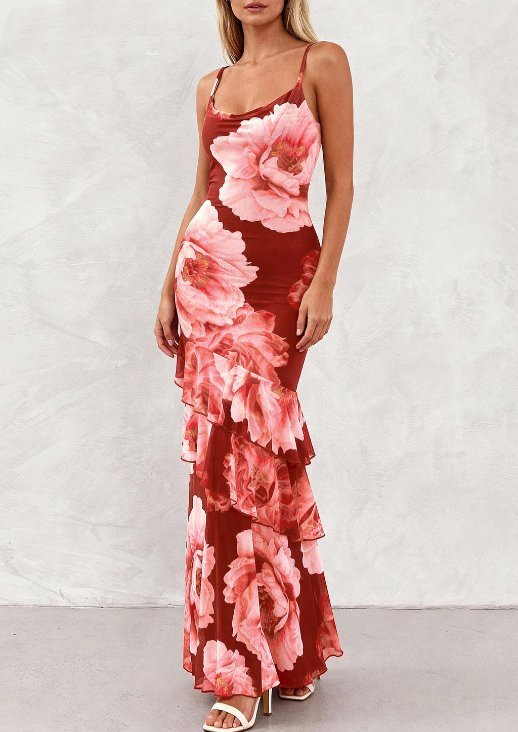 PRETTYGARDEN Maxi Dresses for Women 2026 Summer Tiered Floral Beach Sundress Spaghetti Strap Spring Wedding Guest Long Dress (Wine Red Big Floral,X-Small)