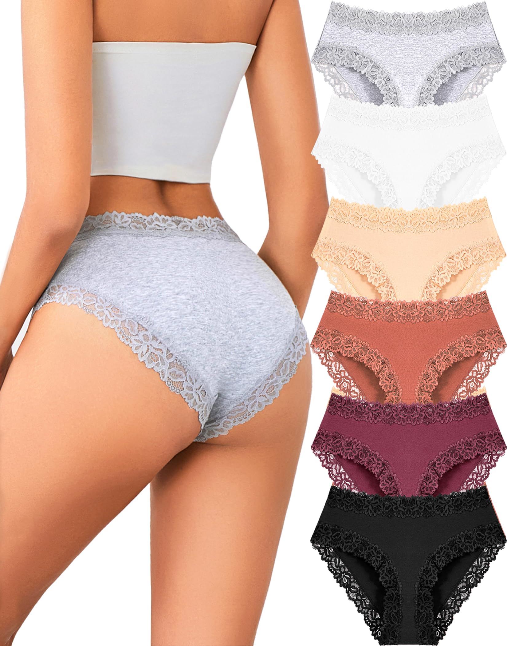 ALL OF SHE Womens Cotton Underwear Cheeky Bikini Panties Sexy Lace Briefs Soft Stretch Lingerie for Ladies Underwear Pack 6