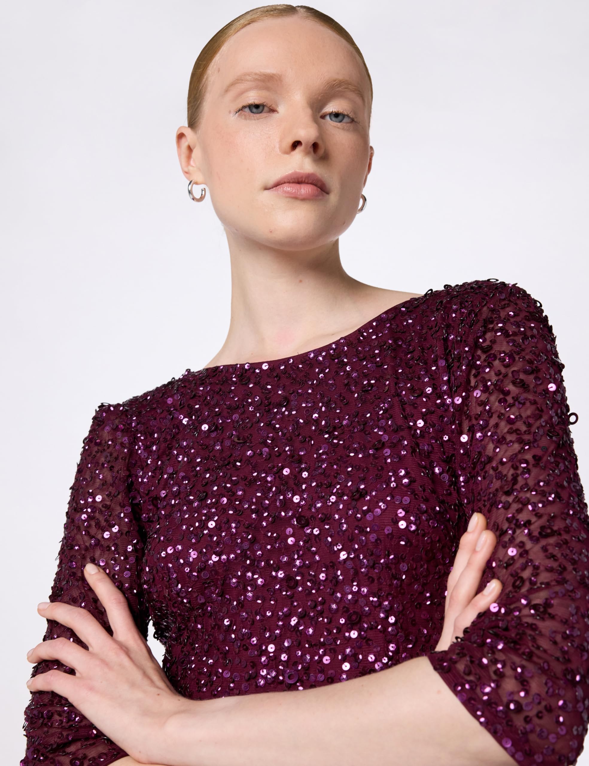 Adrianna Papell Women's 3/4 Sleeve Beaded Mermaid Gown, Cabernet, 2