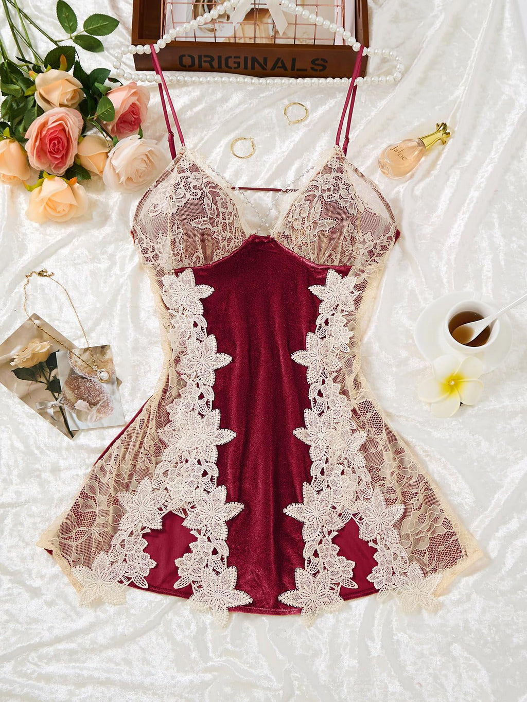 Lilosy Petite Sexy Pearls Split Padded Velvet Appliques Lace Floral Sheer Mini Lingerie Dress Women See Through Short Chemise Negligee Burgundy Red X-Small
