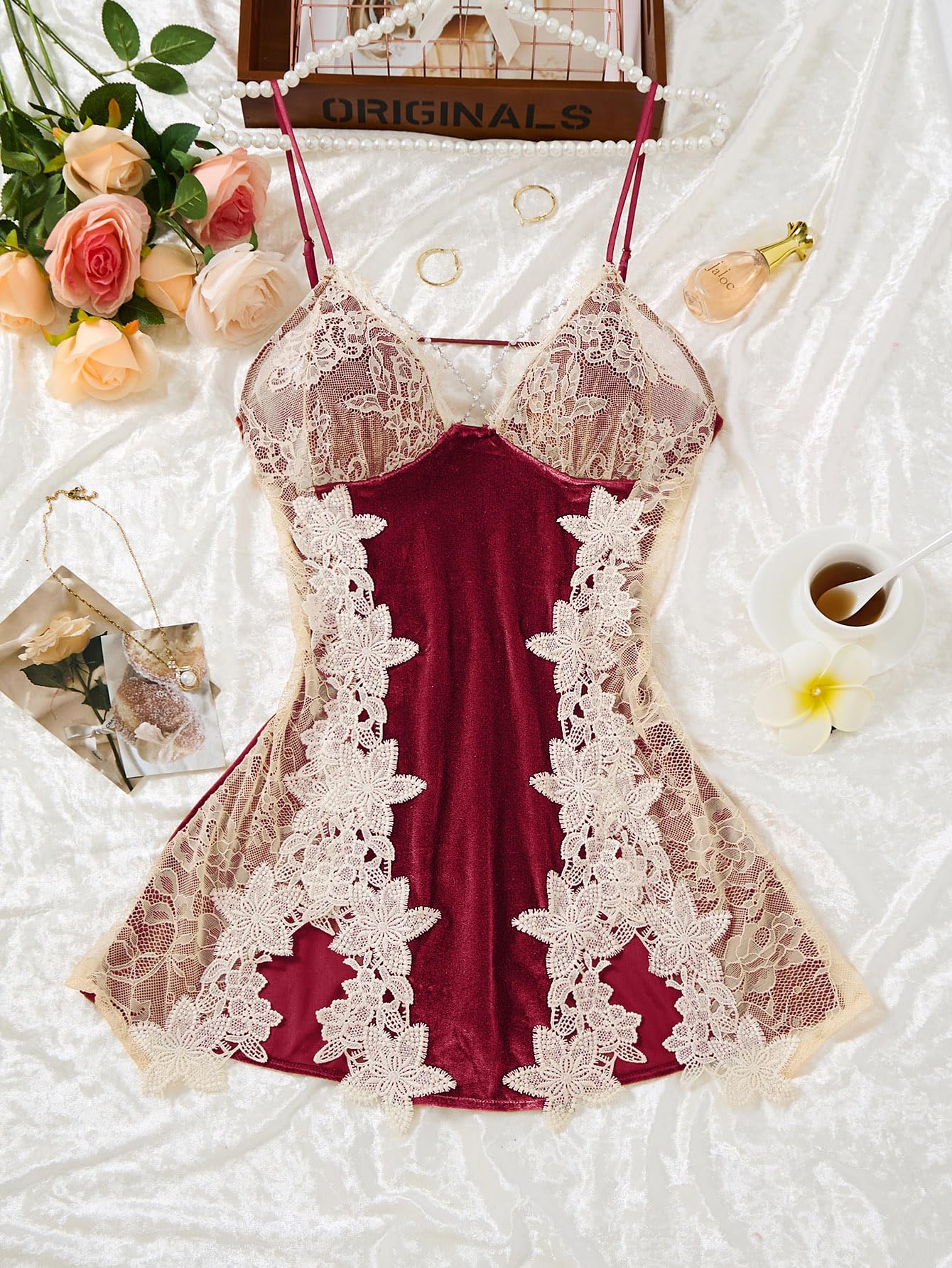 Lilosy Petite Sexy Pearls Split Padded Velvet Appliques Lace Floral Sheer Mini Lingerie Dress Women See Through Short Chemise Negligee Burgundy Red X-Small