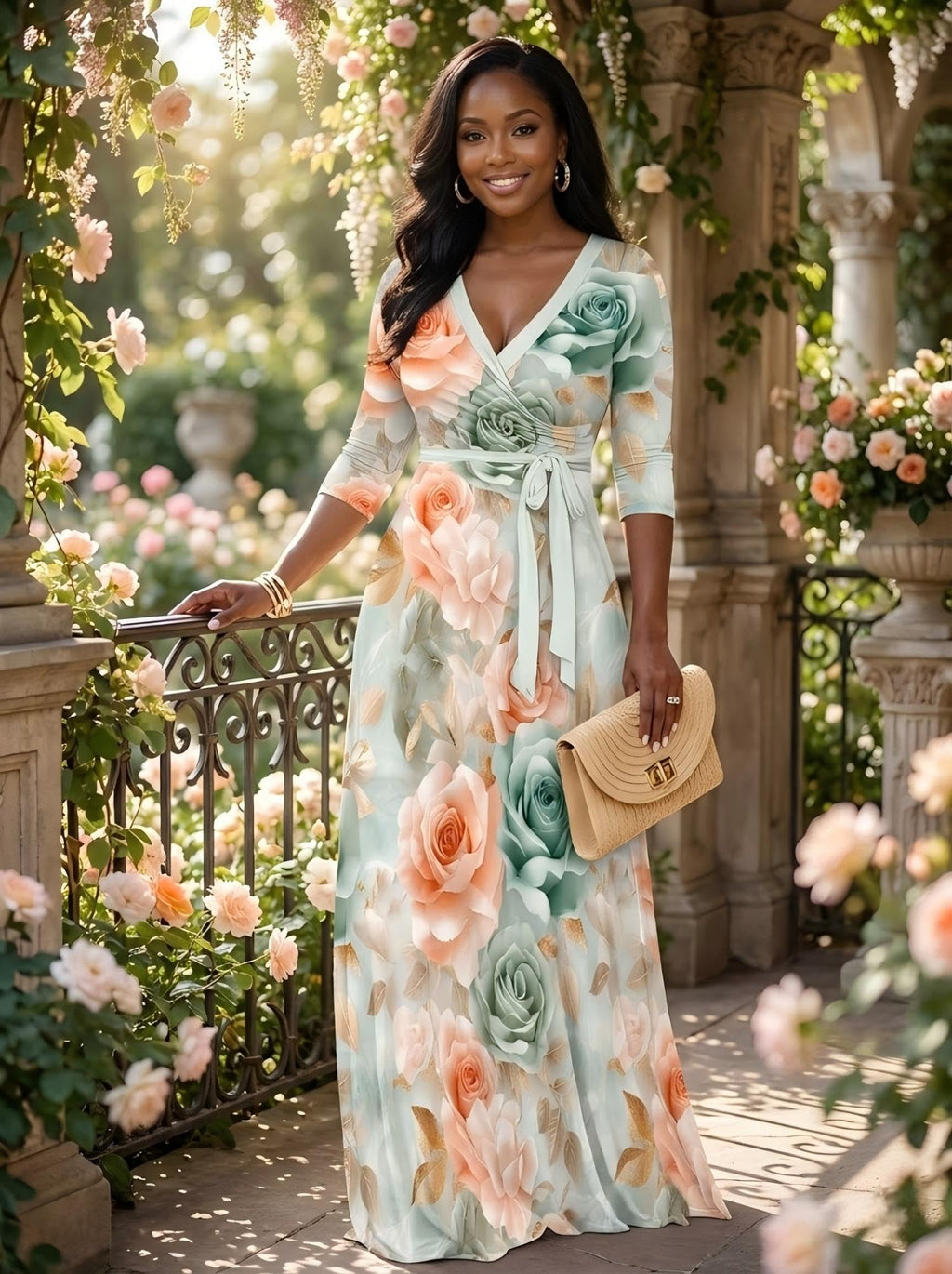 PinkPatty Women's Plus Size Maxi Dress 3/4 Sleeves Casual Flowy Long Dress for Vacation with Pockets