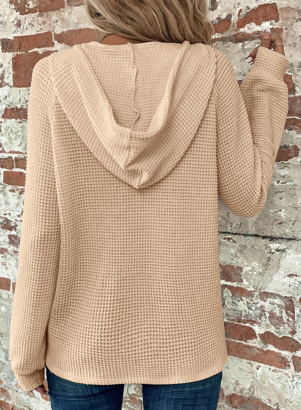 Dokotoo Winter Clothing for Women Oversized Waffle Knit Hoodies Drawstring Button V Neck Long Sleeve Casual Loose Lightweight Comfy Warm Pullover Sweatshirt Hoodie Tops Plus Size Apricot Large