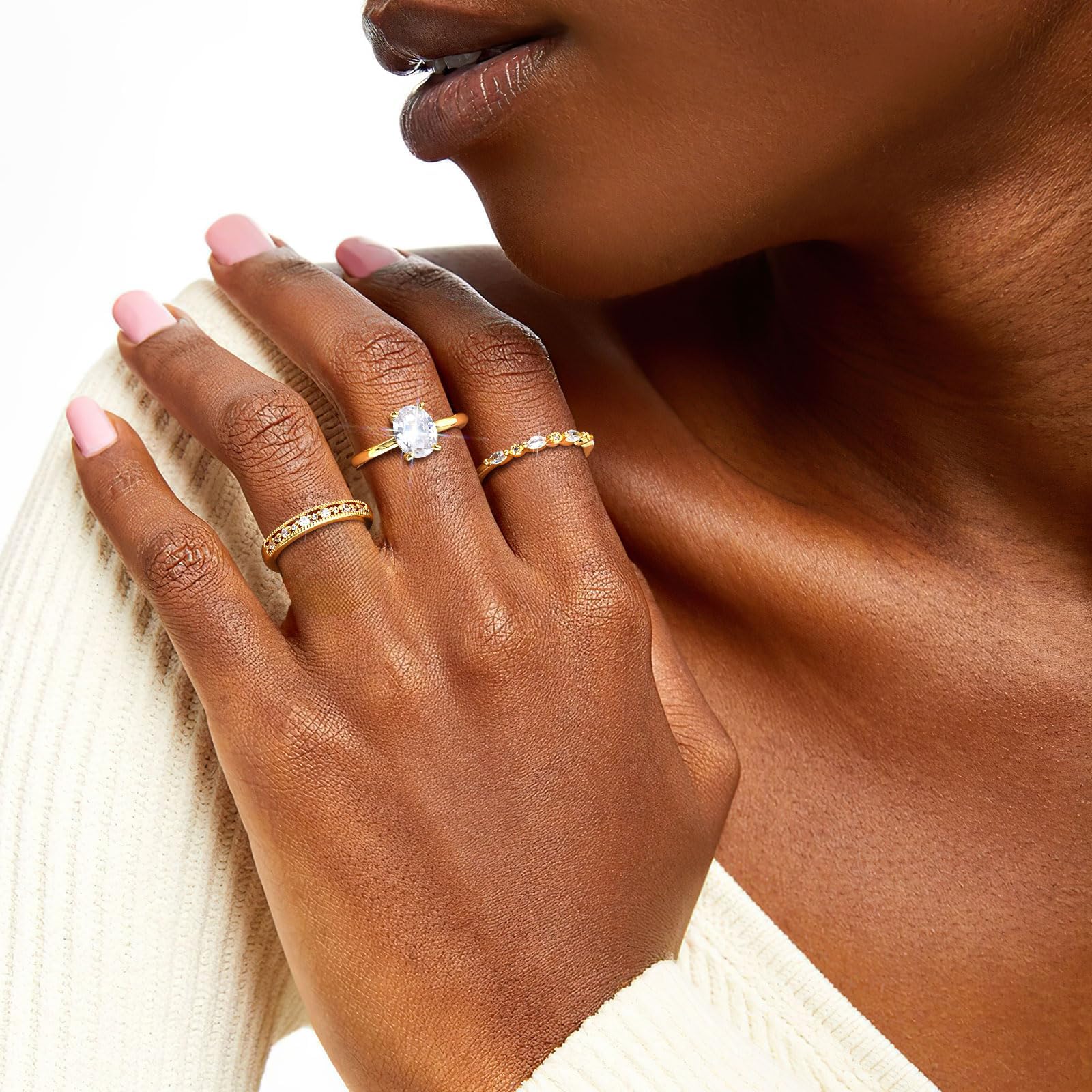 Stackable Gold Rings for Women - 14K Gold Plated Ring Set,Non Tarnish Stainless Steel Cubic Zirconia Friendship Band Wedding Party Trendy Jewelry Gift,Christmas Birthday Gifts for Her Size 9