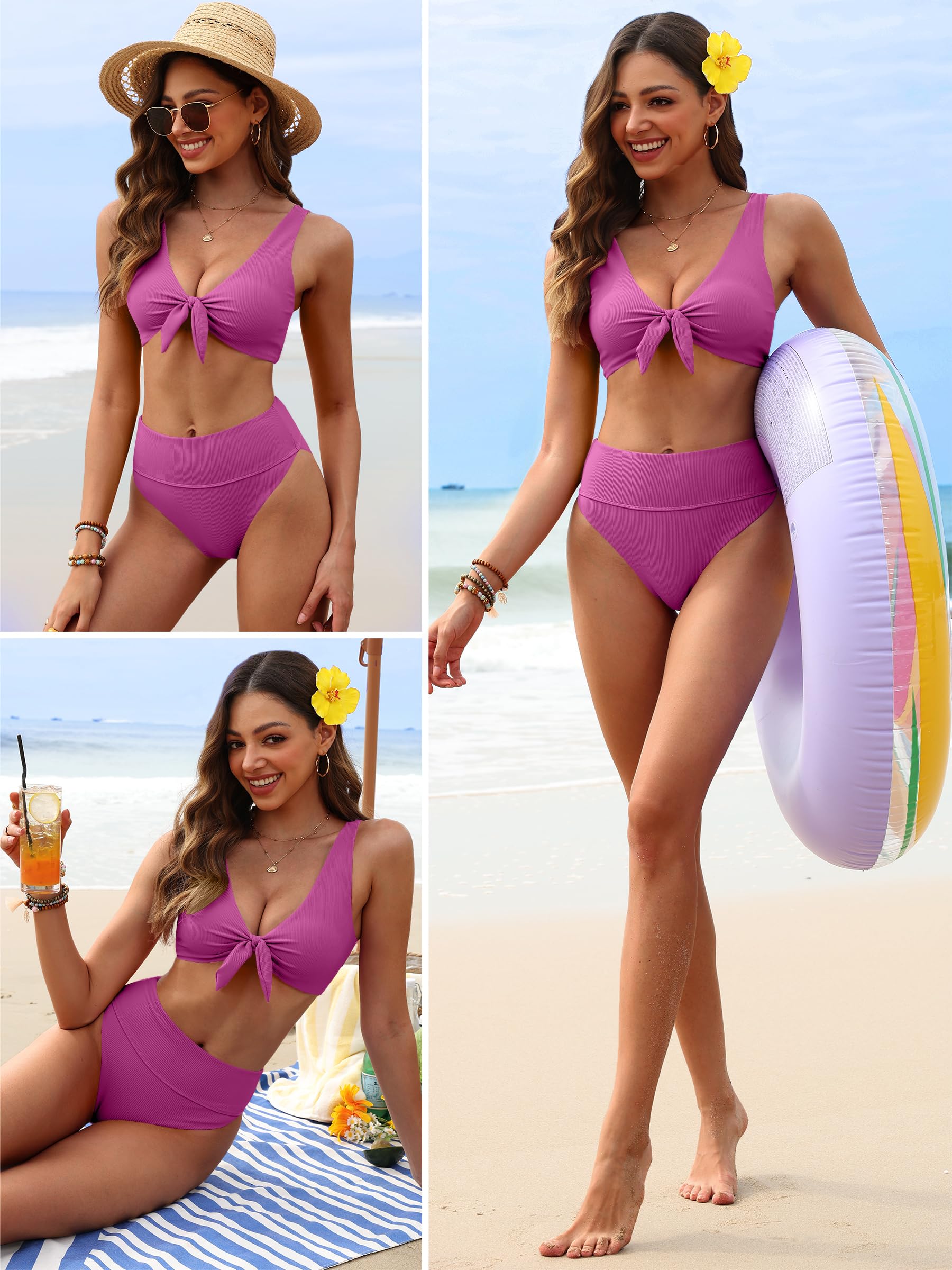 ANRABESS Bikini Sets for Women Summer High Waisted 2 Piece Bathing Suit Ribbed Tie Knot Swimsuit 2026 Beach Vacation Swimwear Hot Pink