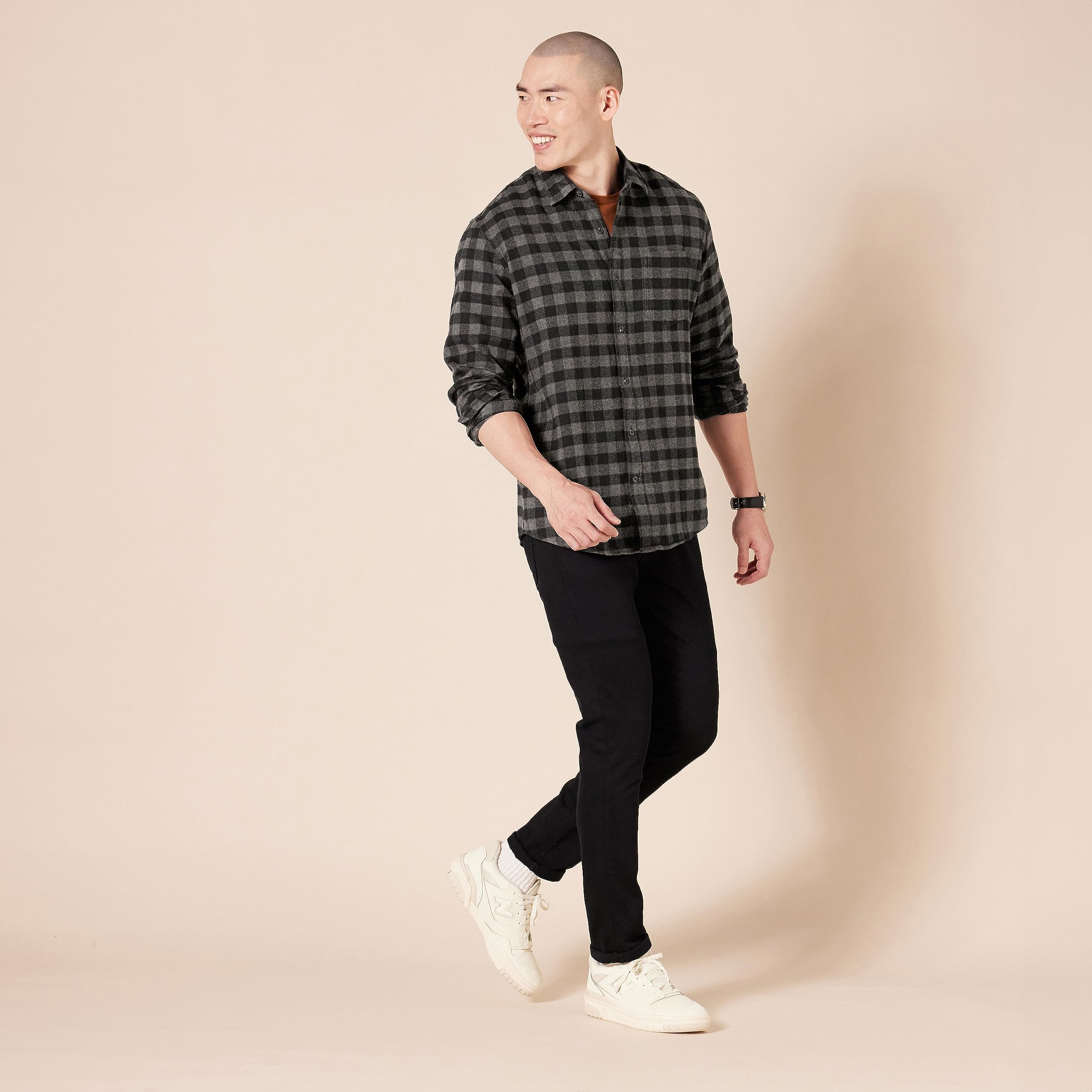 Amazon Essentials Men's Regular-Fit Long-Sleeve Flannel Shirt (Available in Big & Tall), Charcoal Buffalo Plaid, XX-Large