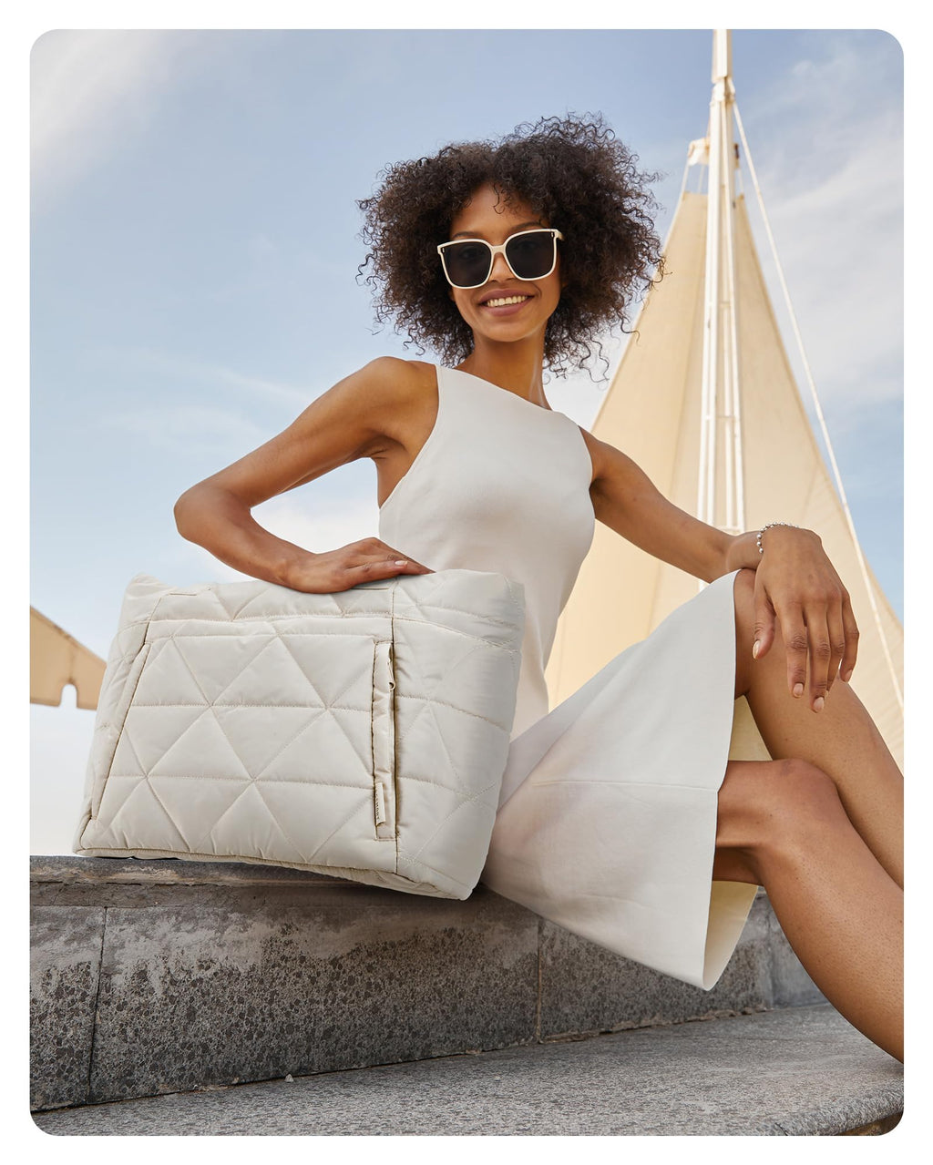 BAGSMART Tote Bag for Women, Puffy Tote Bag with Zipper, Large Quilted Shoulder Bag with Compartments for Travel, Work, Gym (Beige)