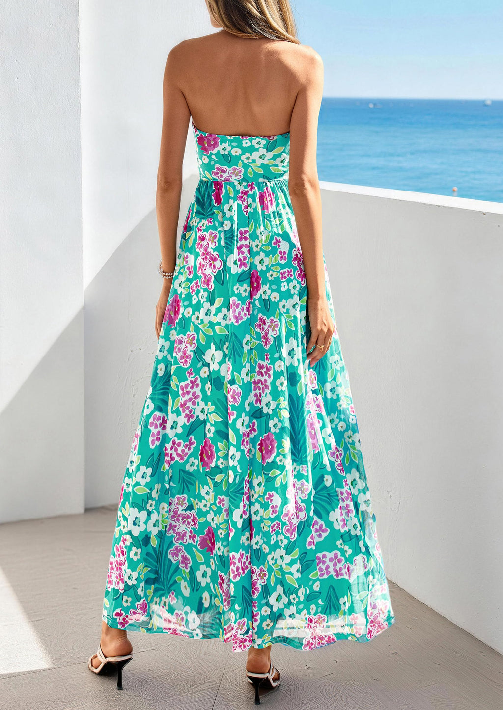 PRETTYGARDEN Women Strapless Maxi Dress 2026 Summer Floral Tube Top Ruched Beach Spring Wedding Guest Long Dresses (Floral Blue Green,Small)