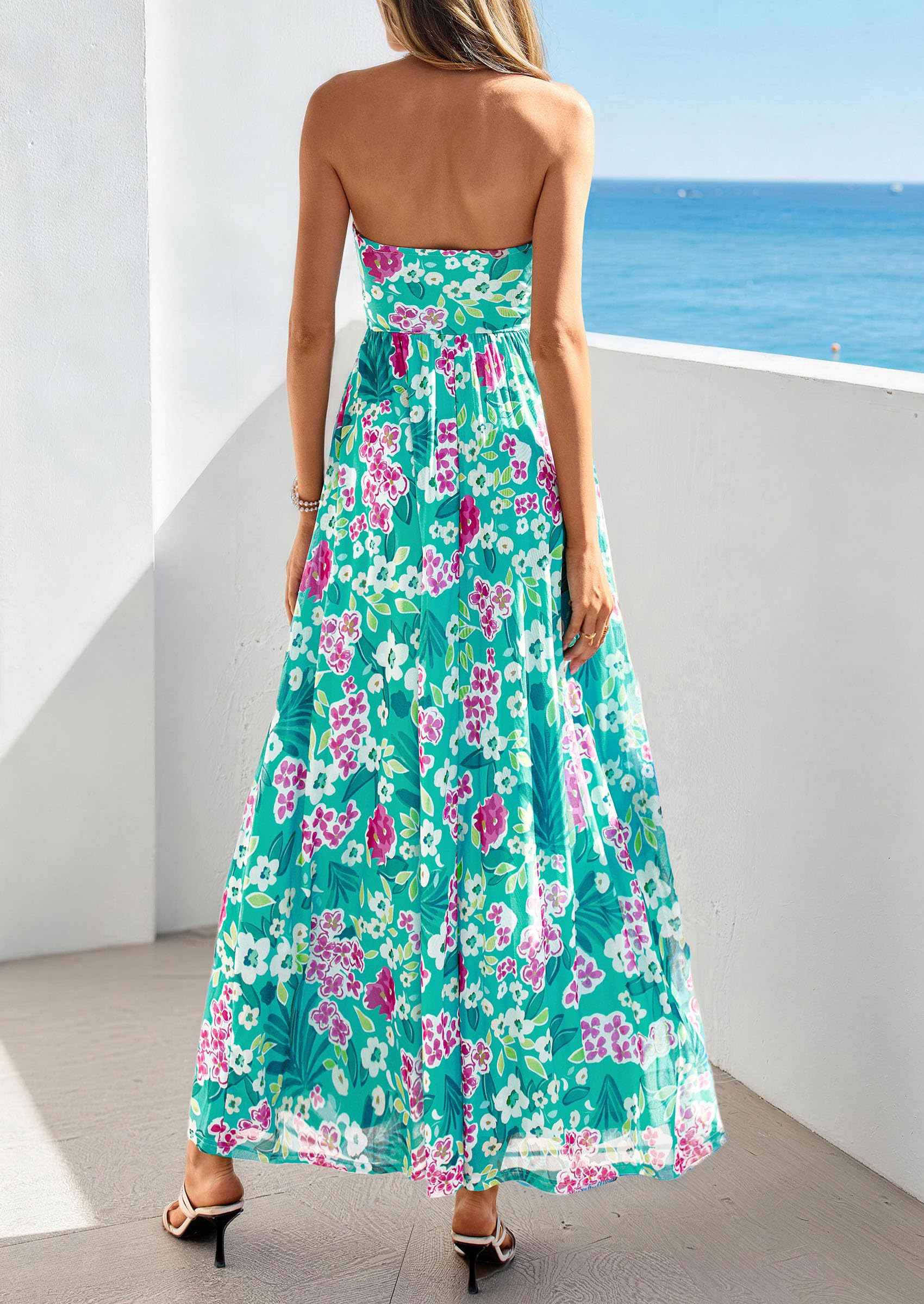 PRETTYGARDEN Women Strapless Maxi Dress 2026 Summer Floral Tube Top Ruched Beach Spring Wedding Guest Long Dresses (Floral Blue Green,Small)
