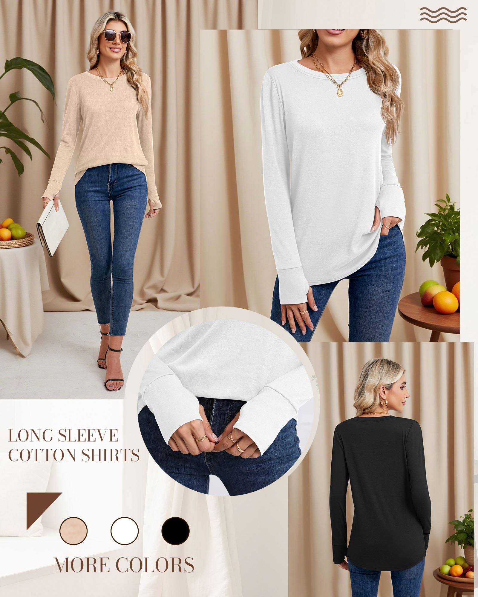 Huukeay 3 Pack Womens Long Sleeve Cotton Shirts, 3-Color, Medium