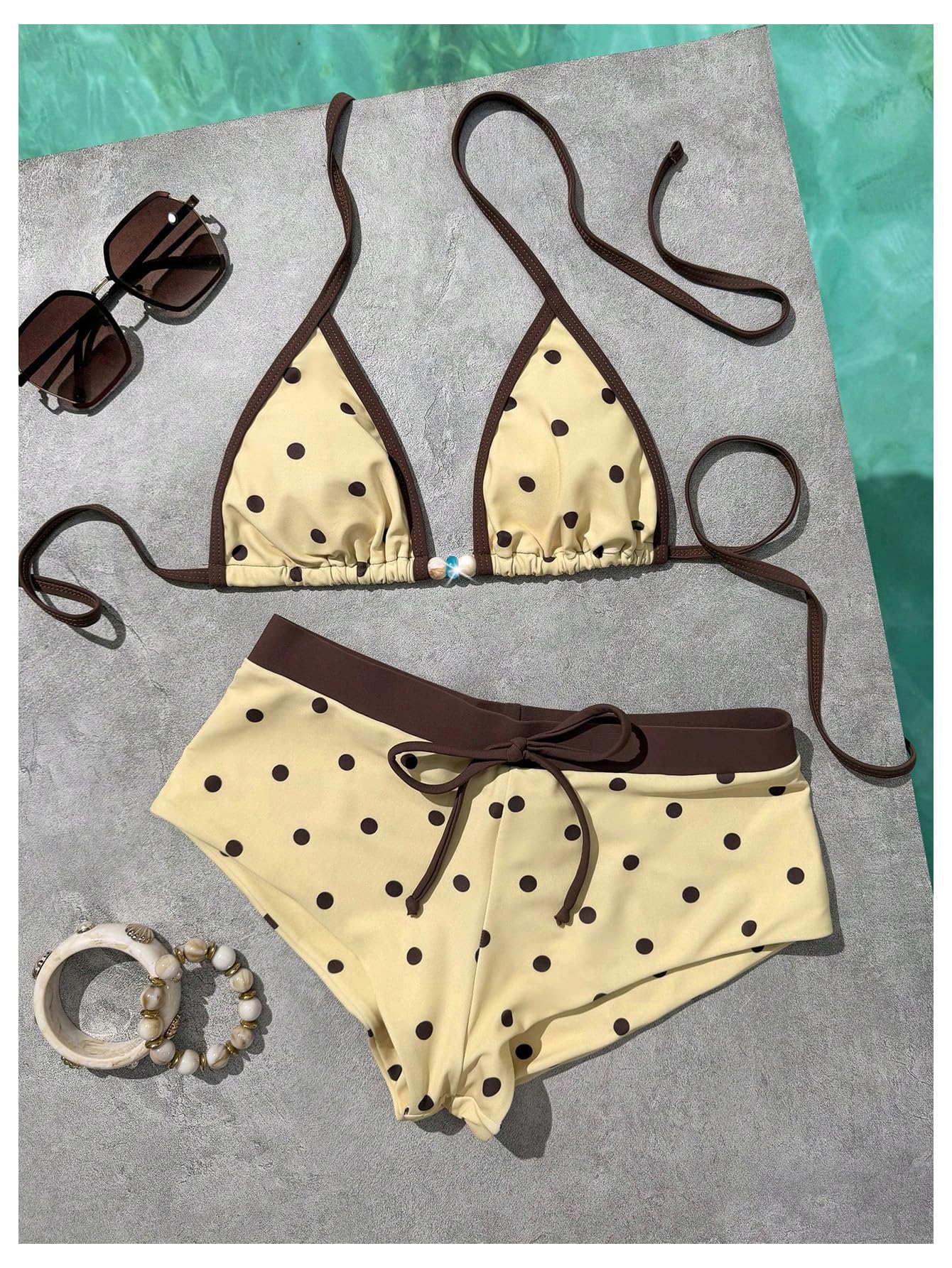 WDIRARA Women's Polka Dots 2 Piece Swimsuit Triangle Halter Bikini Set Boyshorts Bathing Suit Light Yellow Medium