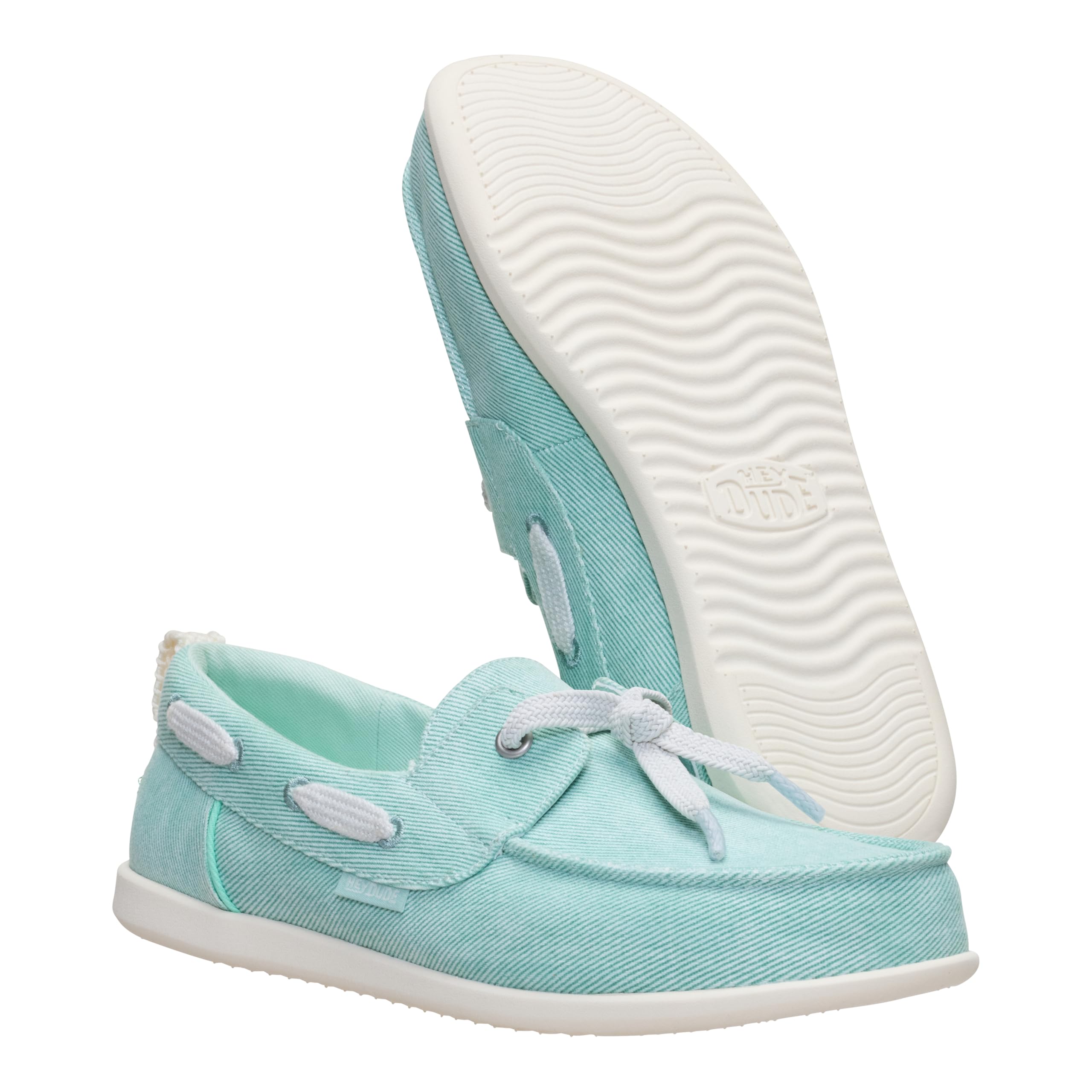 HEYDUDE Women's Harbor Breeze Lo Washed Twill Classic Boat Shoe | Harbor Green | Size 8 | Lightweight Slip-On Loafer