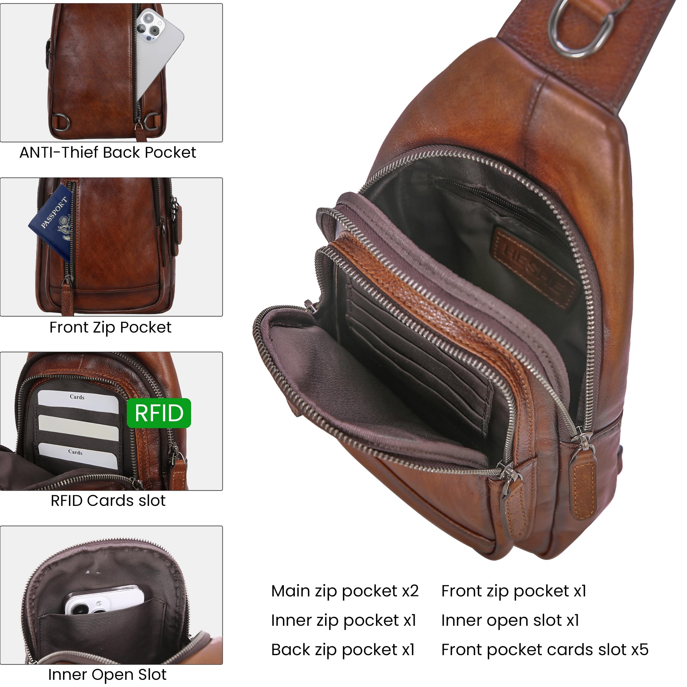 HESHE Leather Sling Bag for Women Crossbody Bags Fanny Packs Chest Bags(CE)