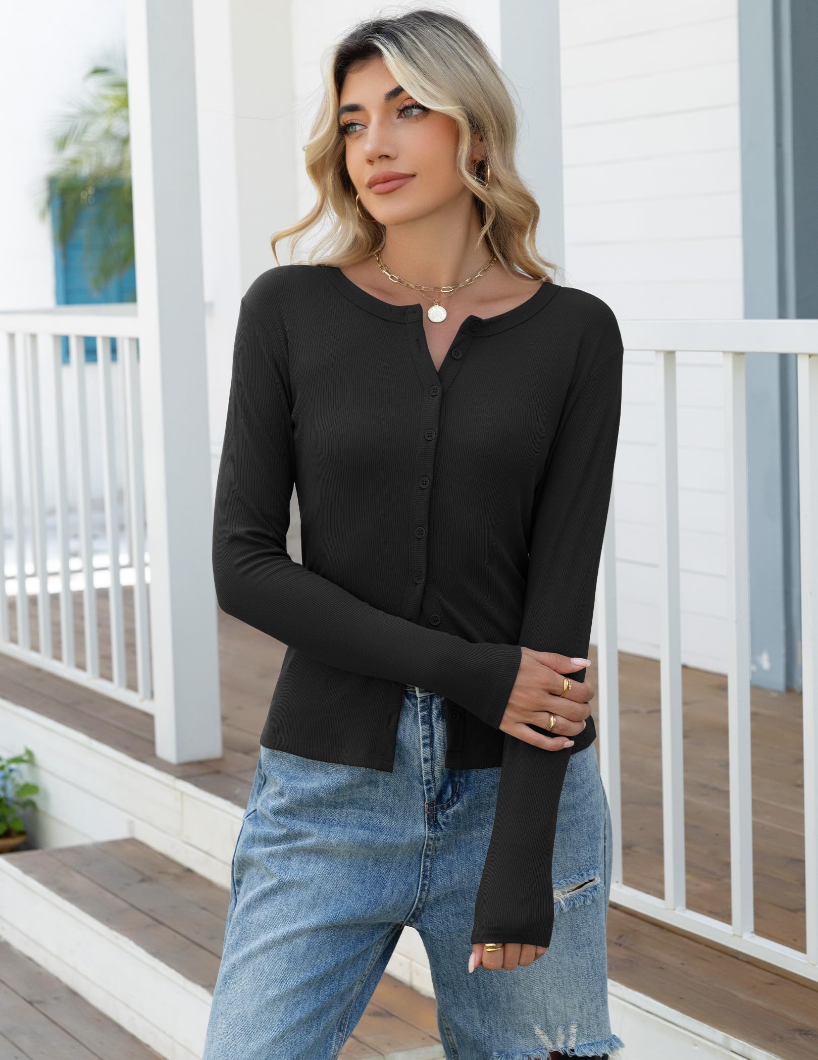 Gleeneat Long Sleeve Going Out Tops Button Down Up Ribbed Cardigan Sweaters for Women Trendy Black Cropped Fall Crop Light Weight Basic Cardigans Knit Shirts 2025 Cute Spring Outfits