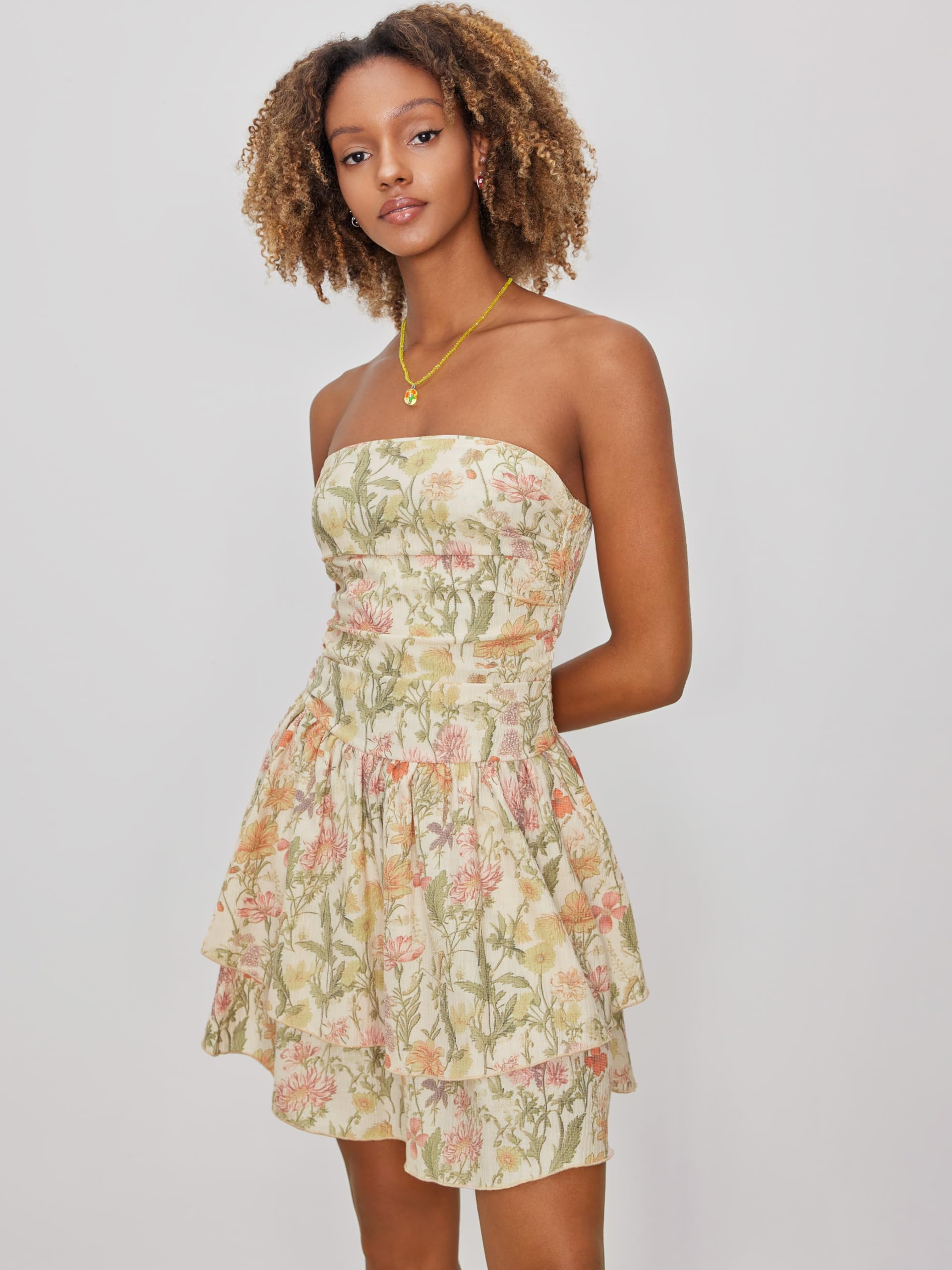 CIDER Women's Summer Floral Mini Dress Strapless Cocktail Dresses Tube Ruffle Hem Vacation Outfits