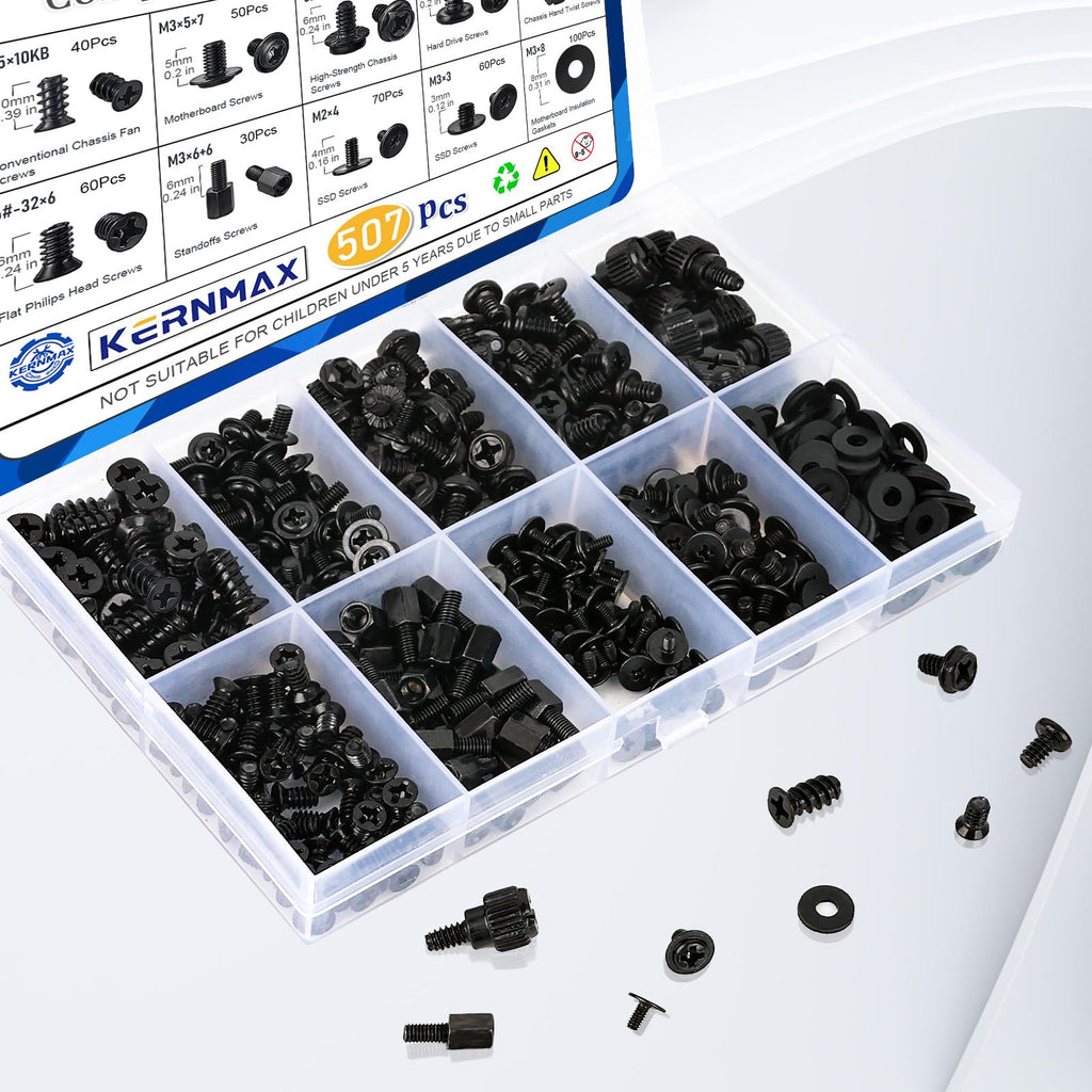 Kernmax 507Pcs Professional Computer Screws Assortment Kit, Includes Motherboard Screws, Standoffs, PC Case, SSD, Hard Drive, Fan, CD-ROM Screws, Long-Lasting for DIY PC Build and Repair