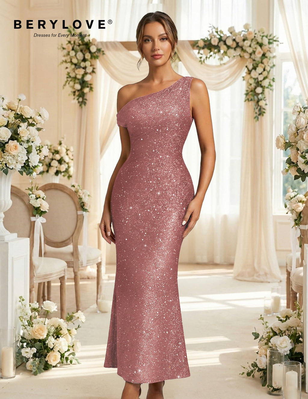 BeryLove Cocktail Formal Wedding Guest Sequin Gown Prom Midi Evening Party Bodycon Sparkle Dresses Ruched Christmas Sleeveless Long Dress 0035 Blush S