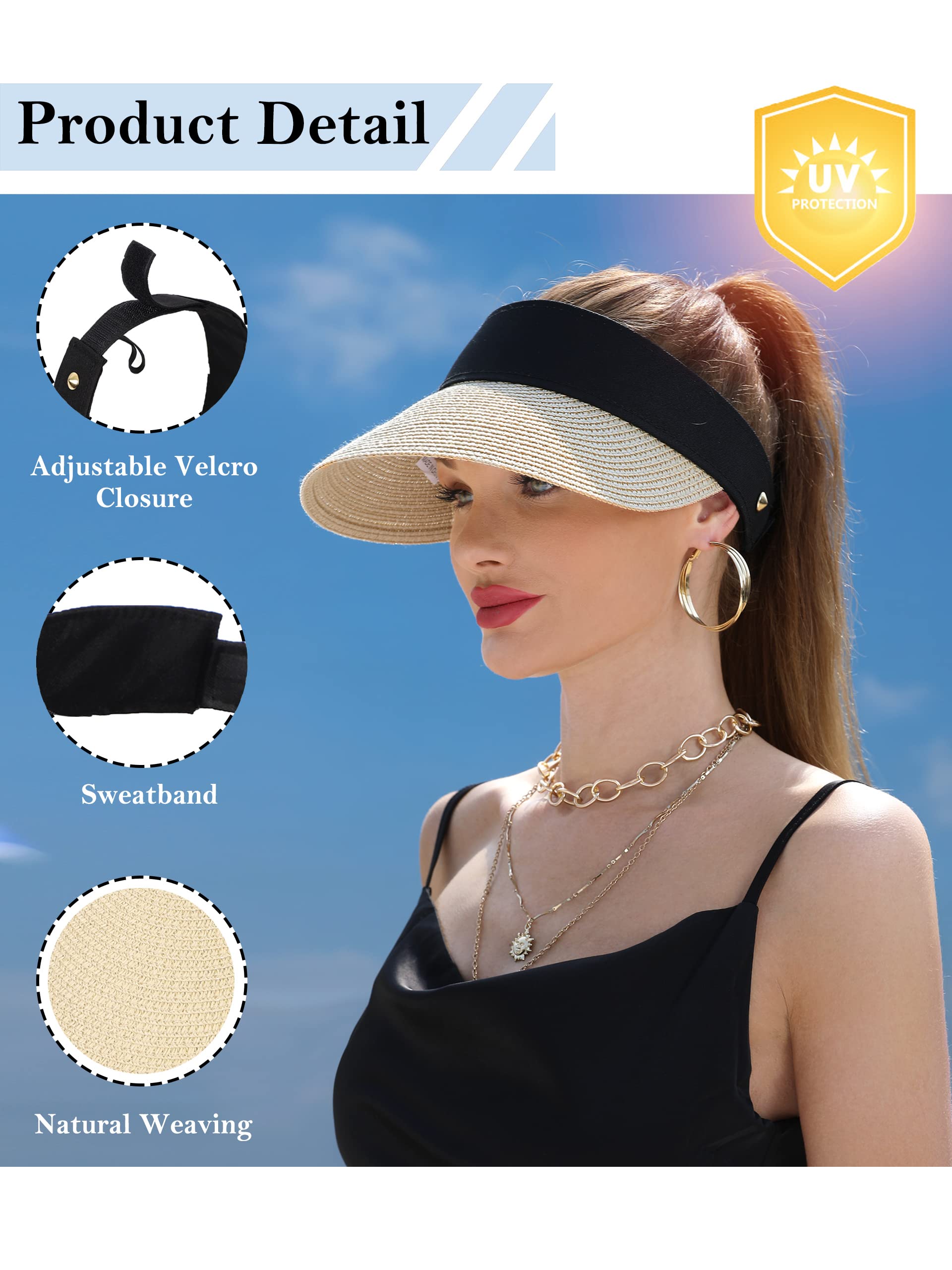 Women Wide Brim Straw Visor Sun Hat UV Protection Packable Beach Cap for Summer UPF 50+(Beige)