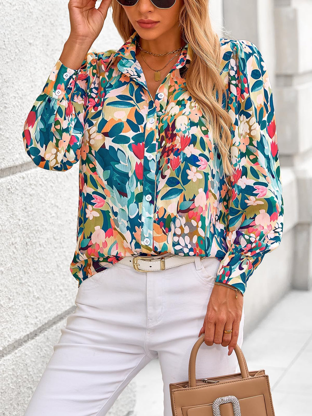 PRETTYGARDEN Women's Floral Blouses Dressy Casual V Neck Button Down Shirts Lantern Long Sleeve Boho Chiffon Spring Tops 2026(Floral Blue Green,M)