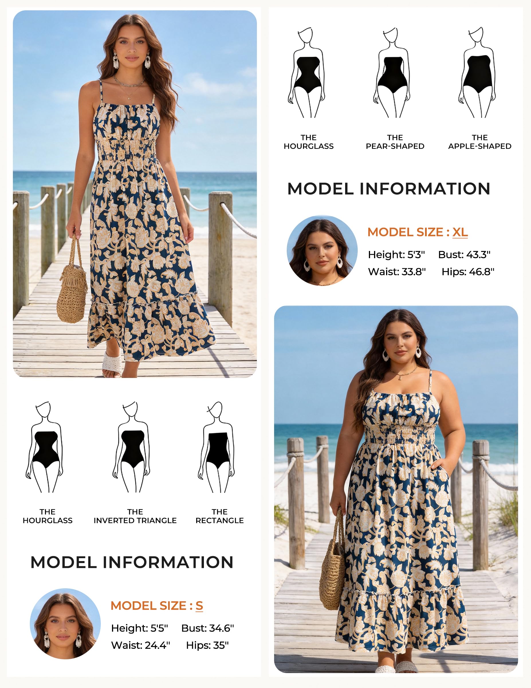 GRACE KARIN Summer Dresses for Women 2026 Vacation,Smocked Floral Maxi Dresses,Boho Beach Long Sundress Navy Flower M