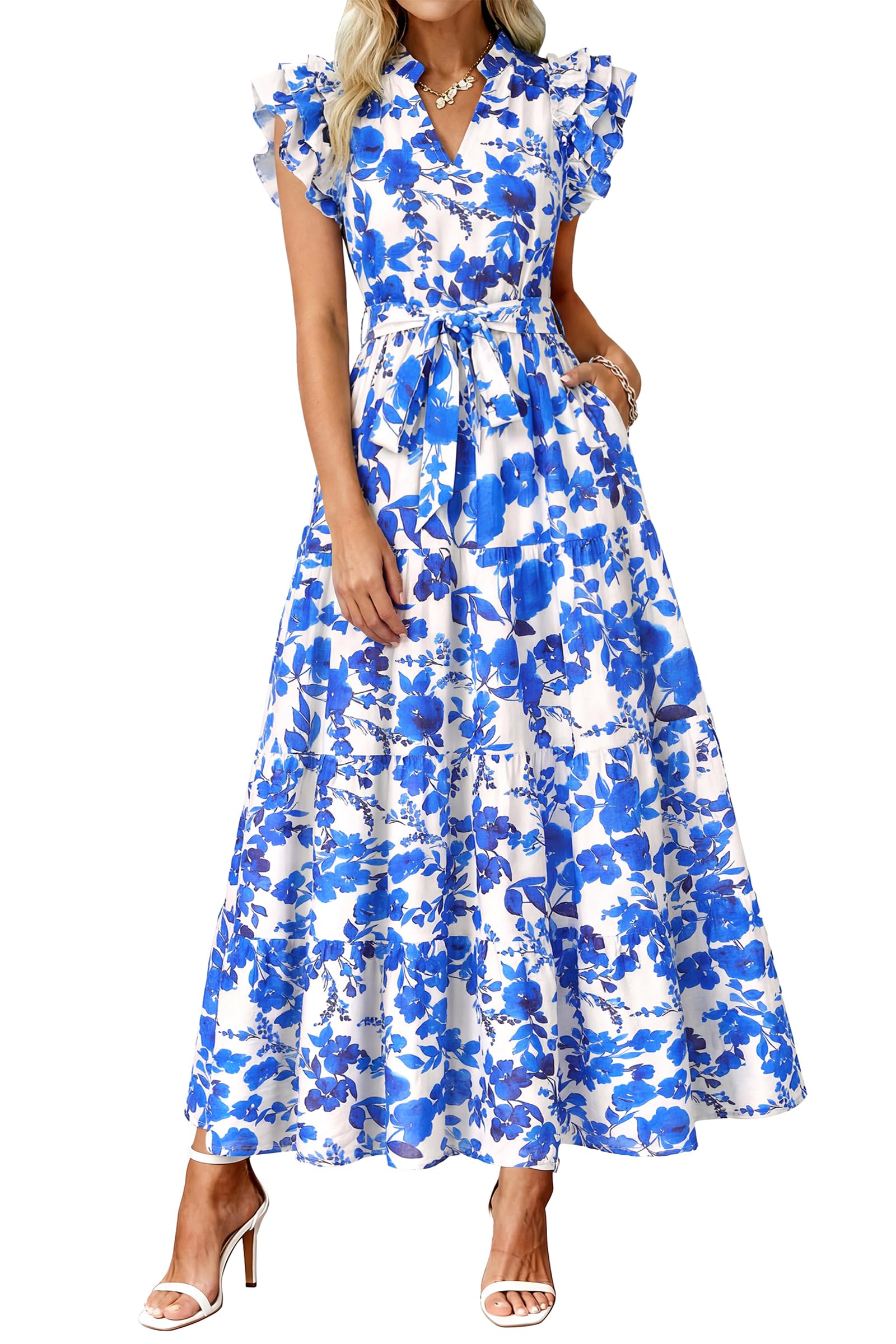 dowerme Women Summer Maxi Dresses 2026 Ruffle Sleeve V Neck Floral Boho Long Dress Belted Tiered Sundress with Pockets(White Blue Flower,Medium)