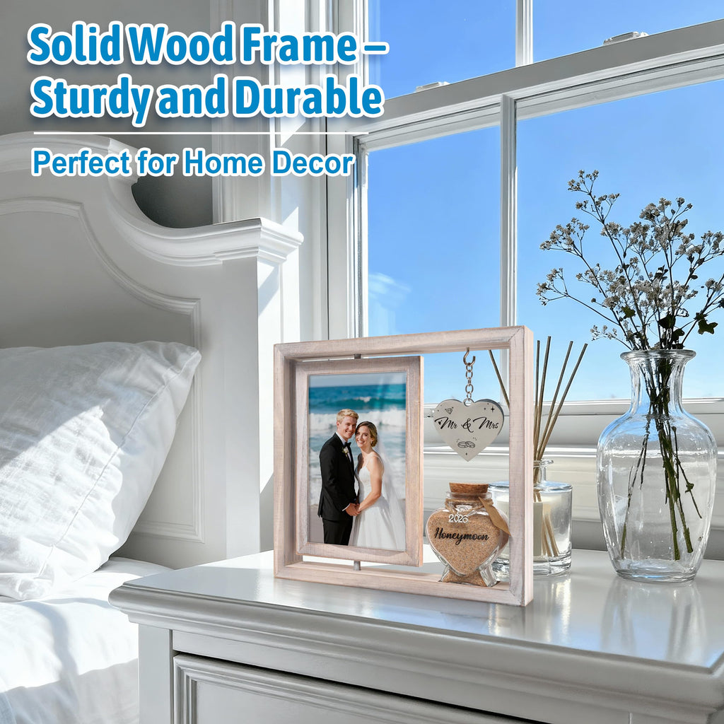 Wedding Gifts for Couples – 360° Rotating Double-Sided Picture Frame with Honeymoon Sand Keepsake Jar, Holds Two 4x6 Photos, Ideal for Bridal Shower, Mr & Mrs Engagement and Newlywed Gift Set (Mr&Mrs-White)