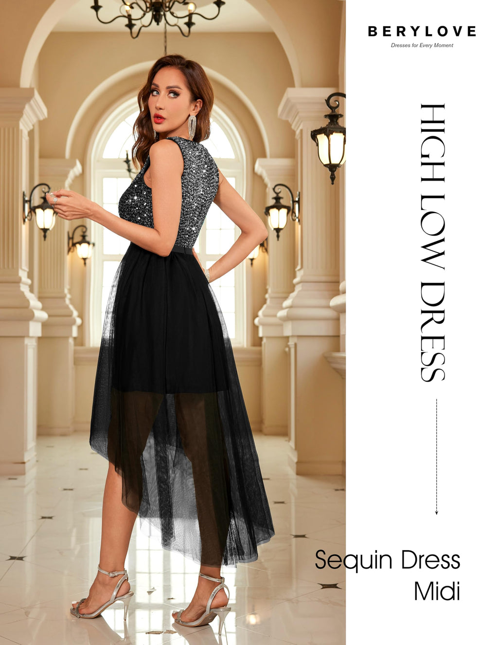 BeryLove Women's Sequin Party Dress Homecoming Formal Cocktail Swing Wedding Dressws High Low Sleeveless V-Neck Prom Gowns S003 Black L