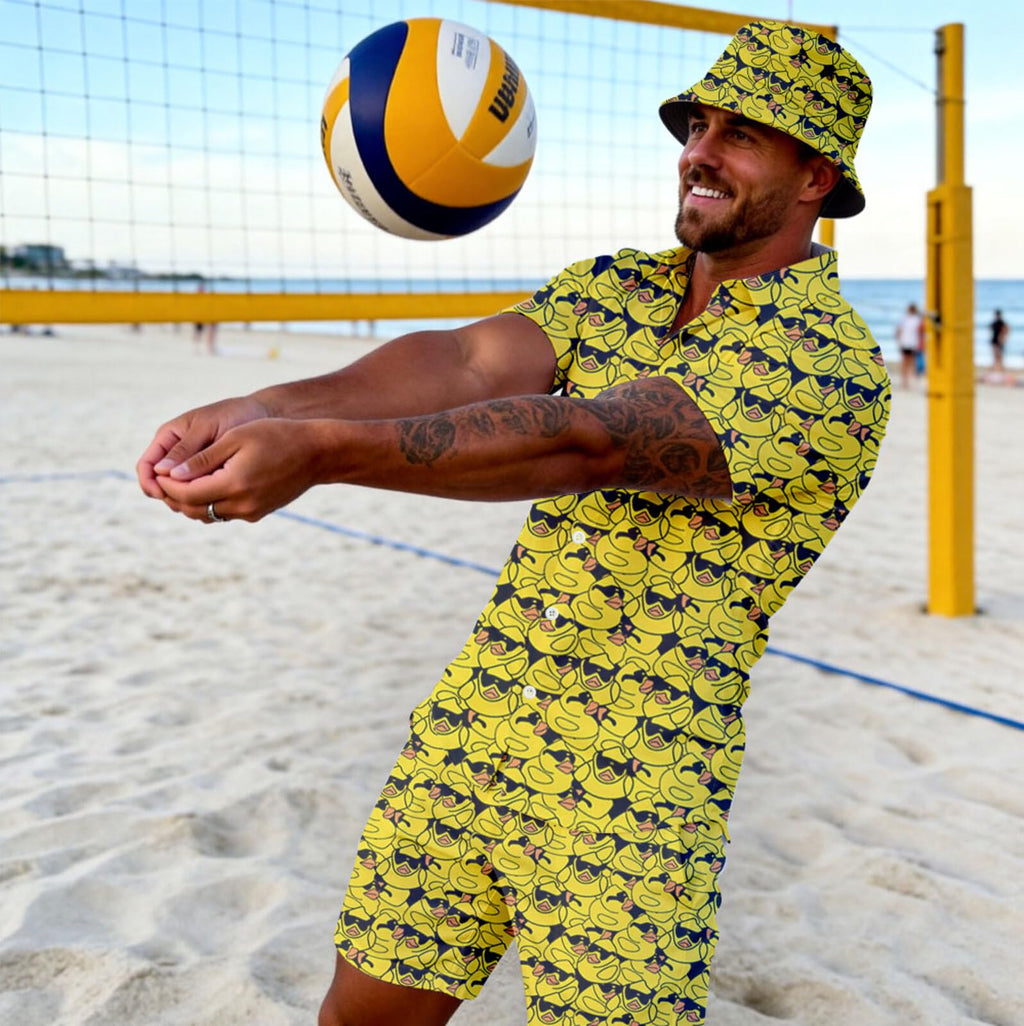 Wdpsuxin Mens Sunglasses Rubber Duck 2 Piece Short Set Hawaiian Button Down Shirt And Compression Liner 2 In 1 Shorts Sets With Bucket Hats Large