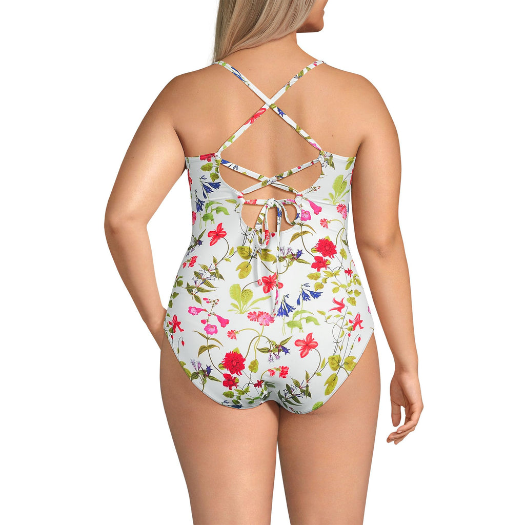 Lands' End Women's Lace Up One Piece Swimsuit 2 White Multi Garden Floral