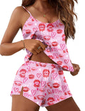 Ekouaer Silk Pajamas Set for Women Satin Lingerie Pjs Cami Top and Shorts Soft 2 Piece Nightwear Lip Print Heart Medium