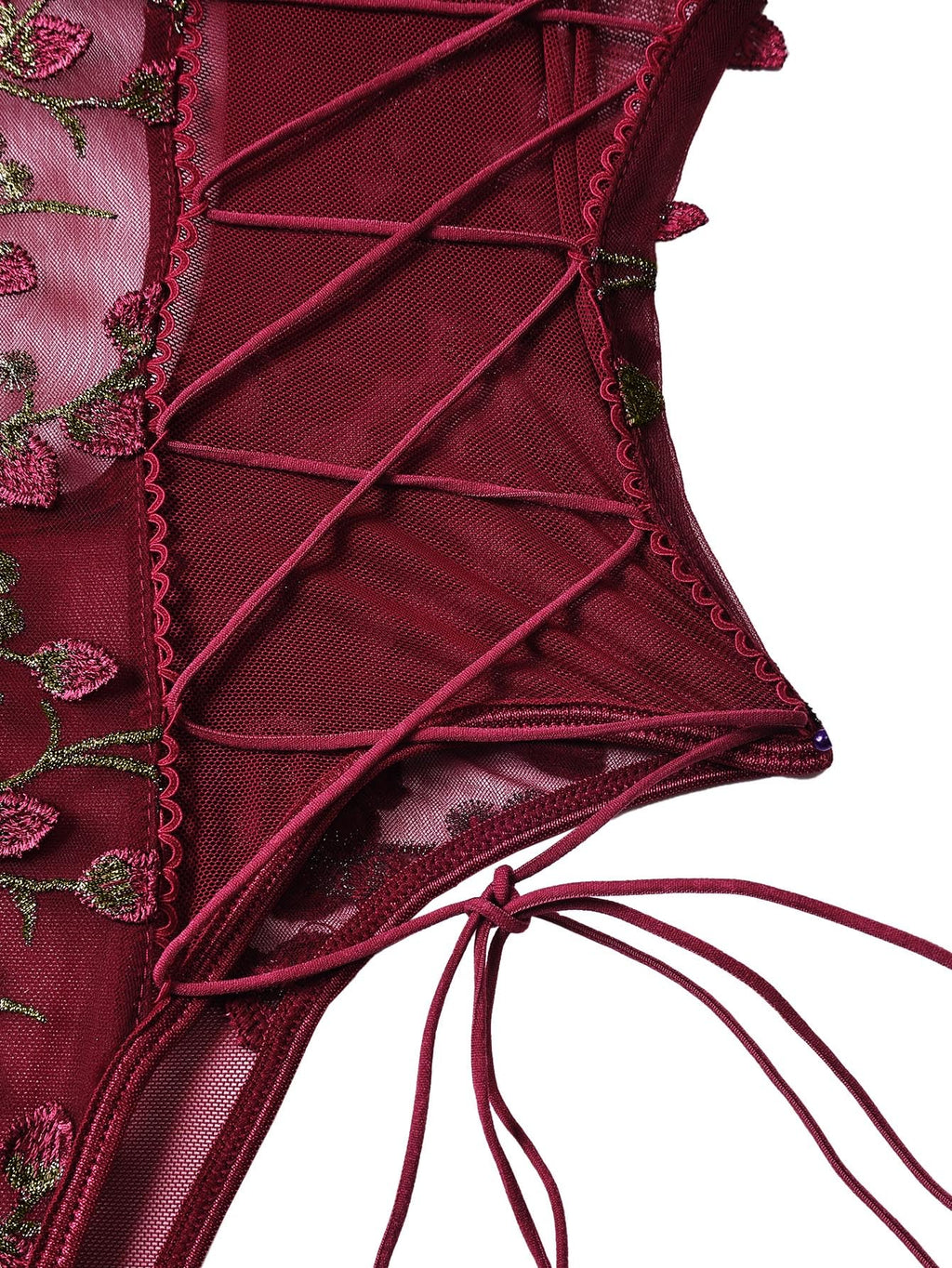 Lilosy Women Sexy Lace Up Floral Embroidered Teddy Babydoll Lingerie Bodysuit Top Mesh Sheer One Piece See Through Burgundy Medium