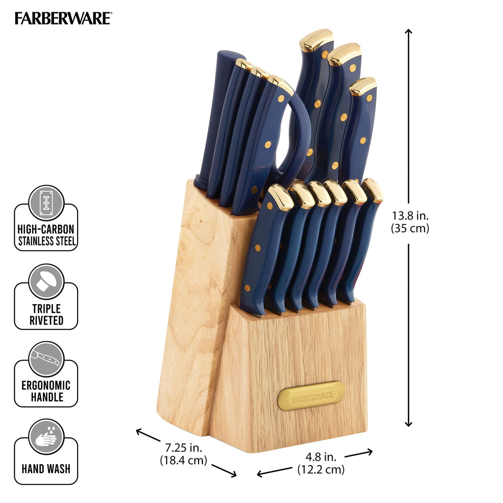 Farberware Triple Riveted Knife Block Set, 15-Piece, Navy and Gold, High-Carbon Stainless Steel Blades, Ergonomic Handles, Includes Wood Storage Block