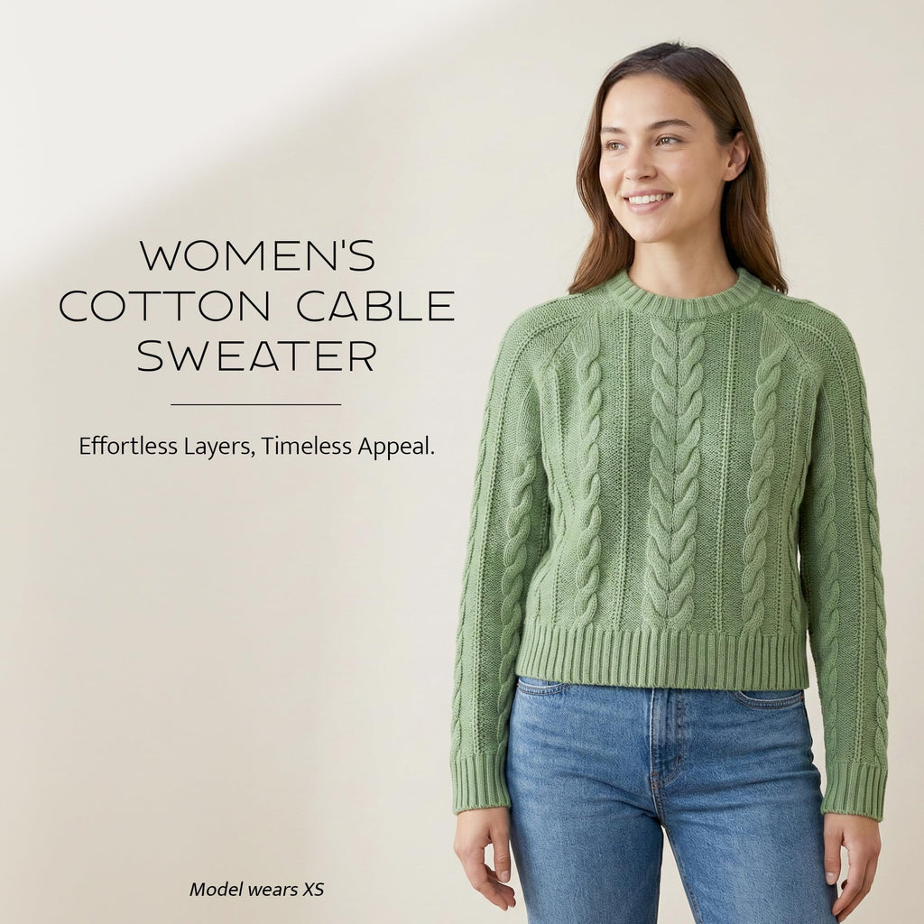 Pendleton Women's Cotton Cable Sweater – 100% Cotton, Classic Crewneck Top, Comfortable and Stylish Sweater with Ribbed Cuffs and Hem - Spruce,SM