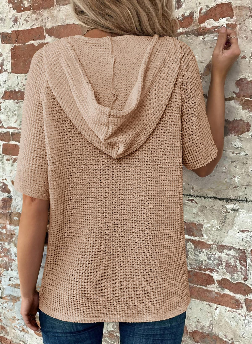 Dokotoo Summer Sweaters for Women Lightweight Waffle Knit Short Sleeve Shirt Button V Neck Oversized Casual Elegant Ladies Tops and Blouses Soft Pullover Sweatshirt Vacation Outfits Apricot Large