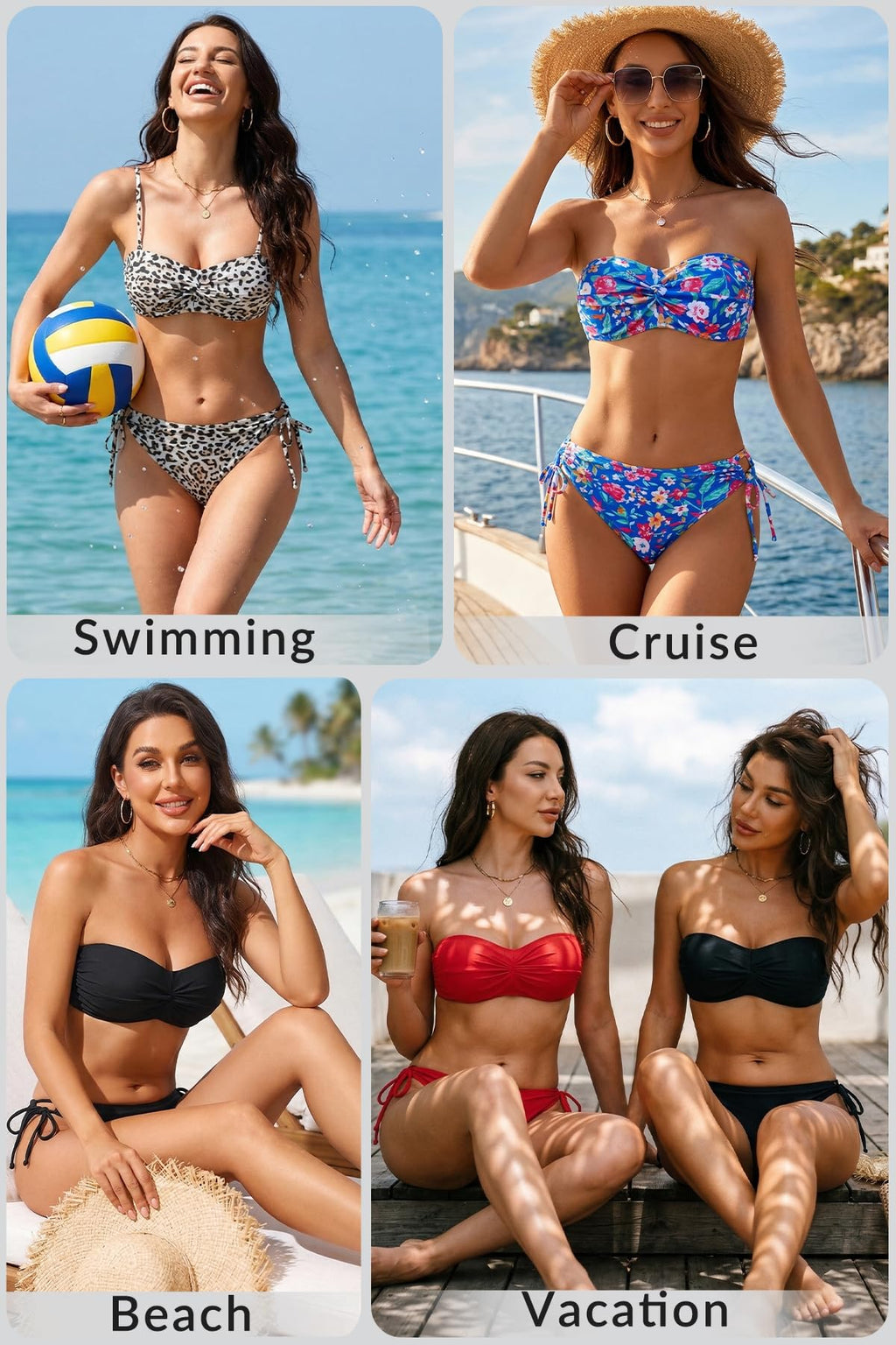 Yonique Women Strapless Bandeau Bikini Set - Tie Side Bathing Suit Full Coverage Swimsuit 2026 Tube Two Piece Swimwear Black M
