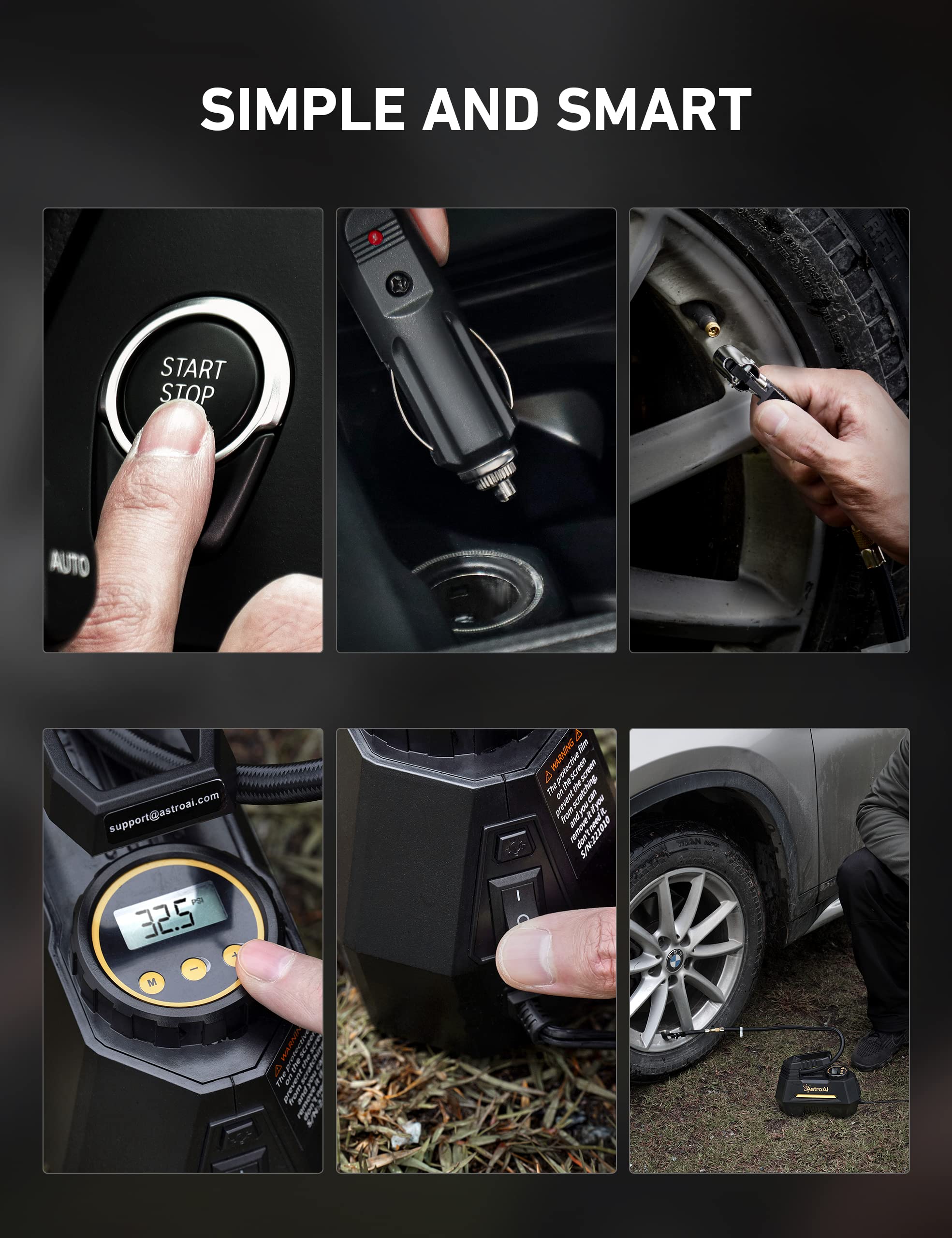 AstroAI Tire Inflator Portable Air Compressor Air Pump for Car Tires-Car Accessories, 9.8Ft Cord-12V DC-Powered Auto Pump with Digital Pressure Gauge, Emergency LED Light for Bicycle, Balloons, Yellow
