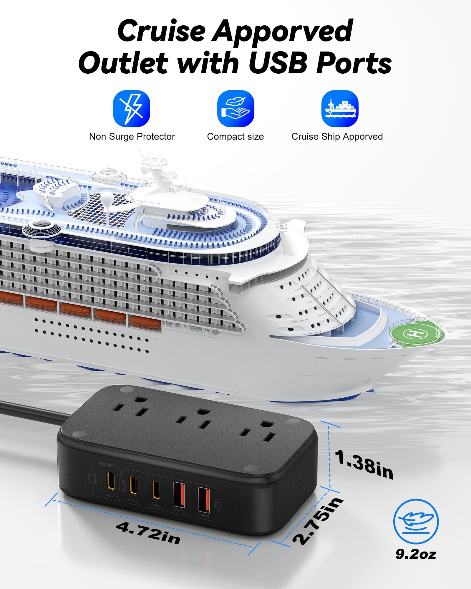 Power Strip with USB C Ports, 30W USB C Charging Station with 2 Outlets 3 USB C & 2 USB A, Travel Charger for Multiple Devices, 5FT Flat Extension Cord Non Surge Protector for Cruise Ship Travel Home
