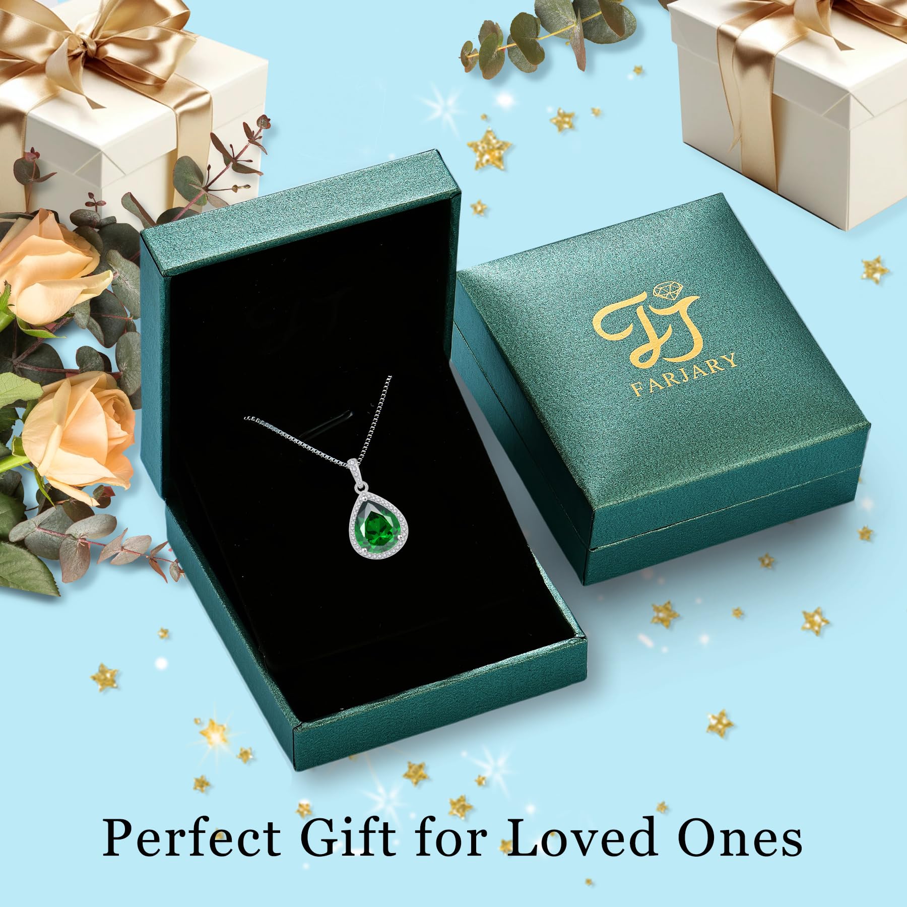 FJ Emerald Necklace 925 Sterling Silver Teardrop Pendant Necklace May Birthstone Jewelry Gifts for Women