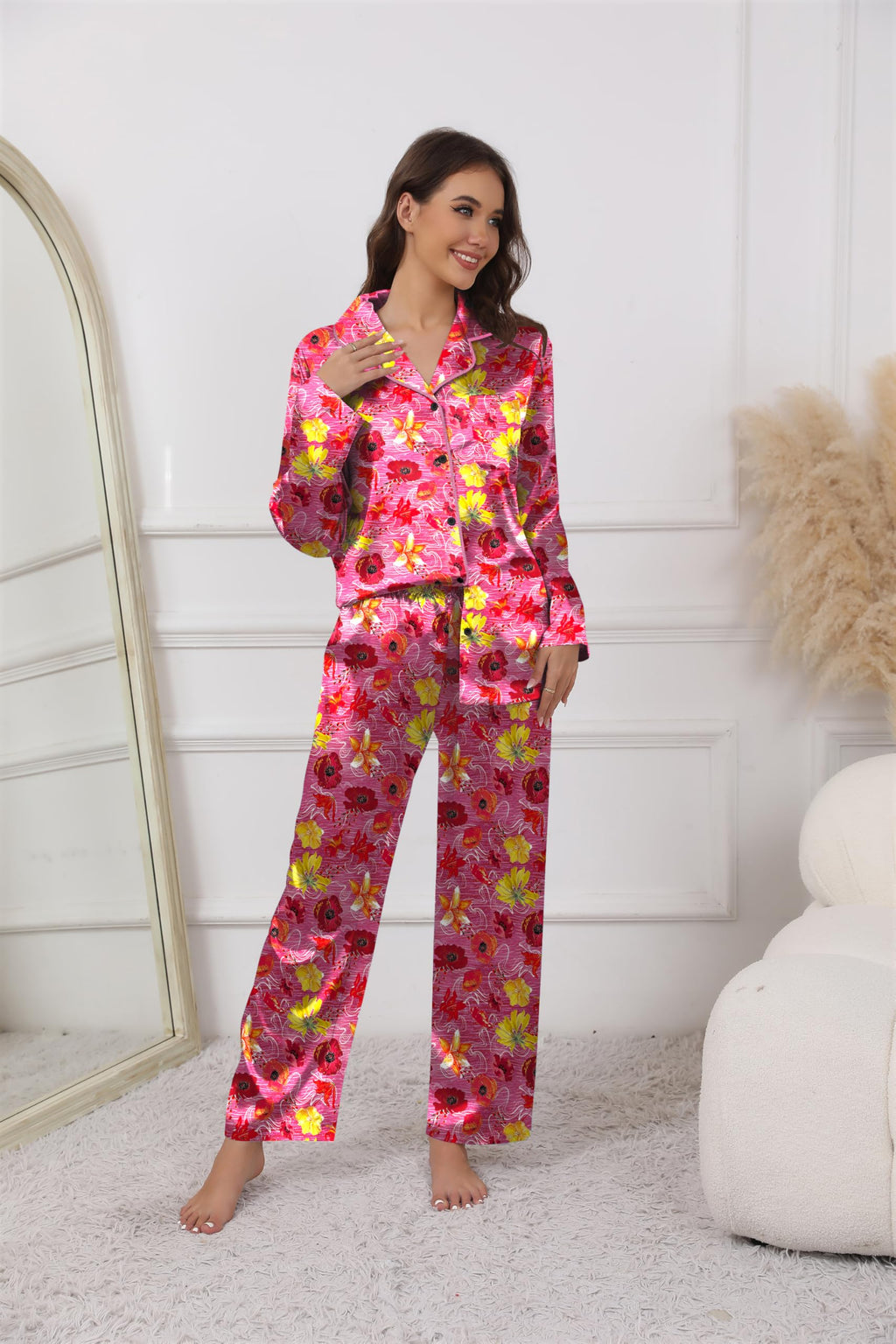 Ekouaer Pajamas For Women Set Silk Pjs 2 Piece Satin Sleepwear Long Sleeve Button Down Lounge Sets With Pant Rose Red Flower XXL