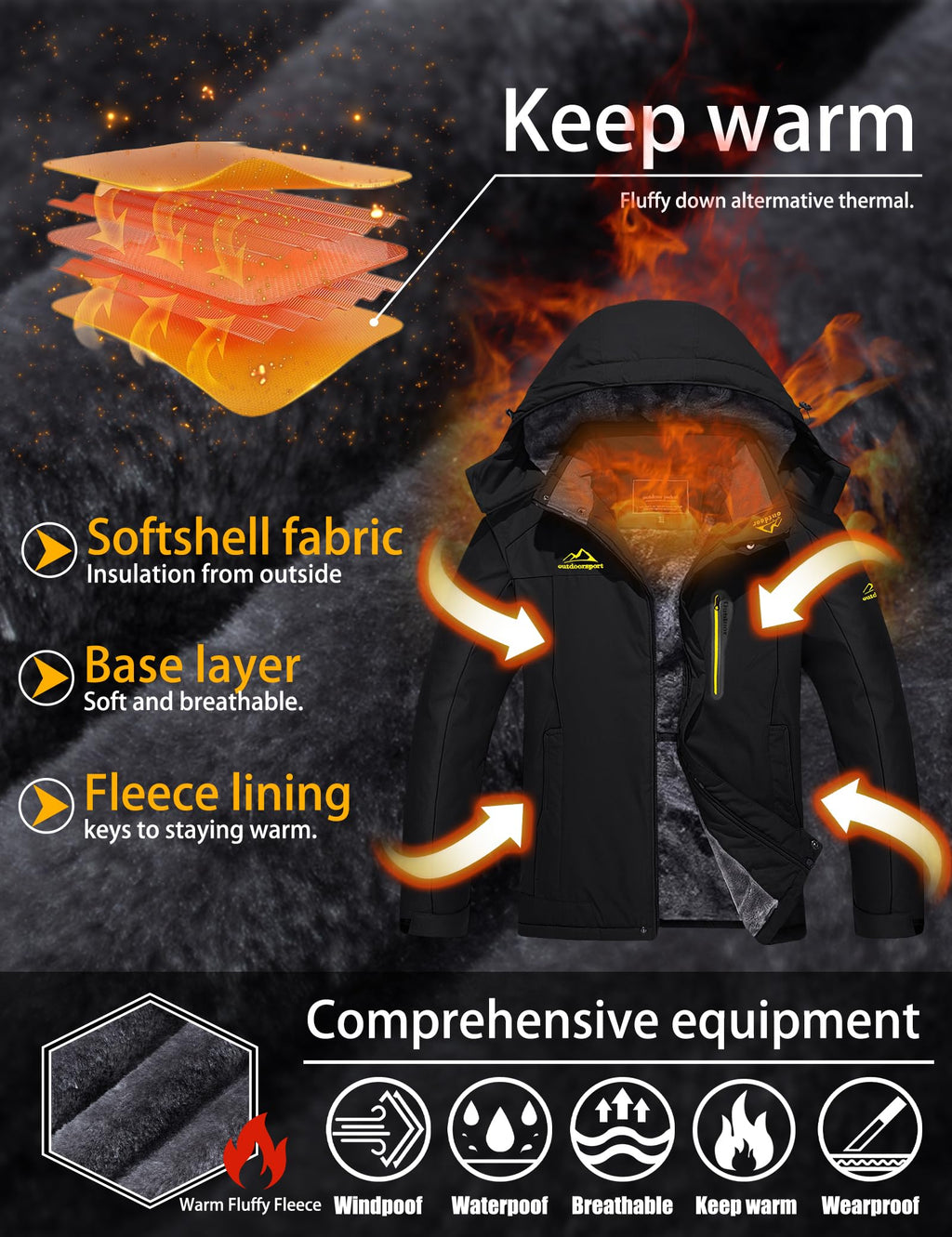 TACVASEN Men's Winter Ski Jacket Waterproof Snow Coats Snowboard Fleece Lining Jacket Warm Parka with Hooded Black M