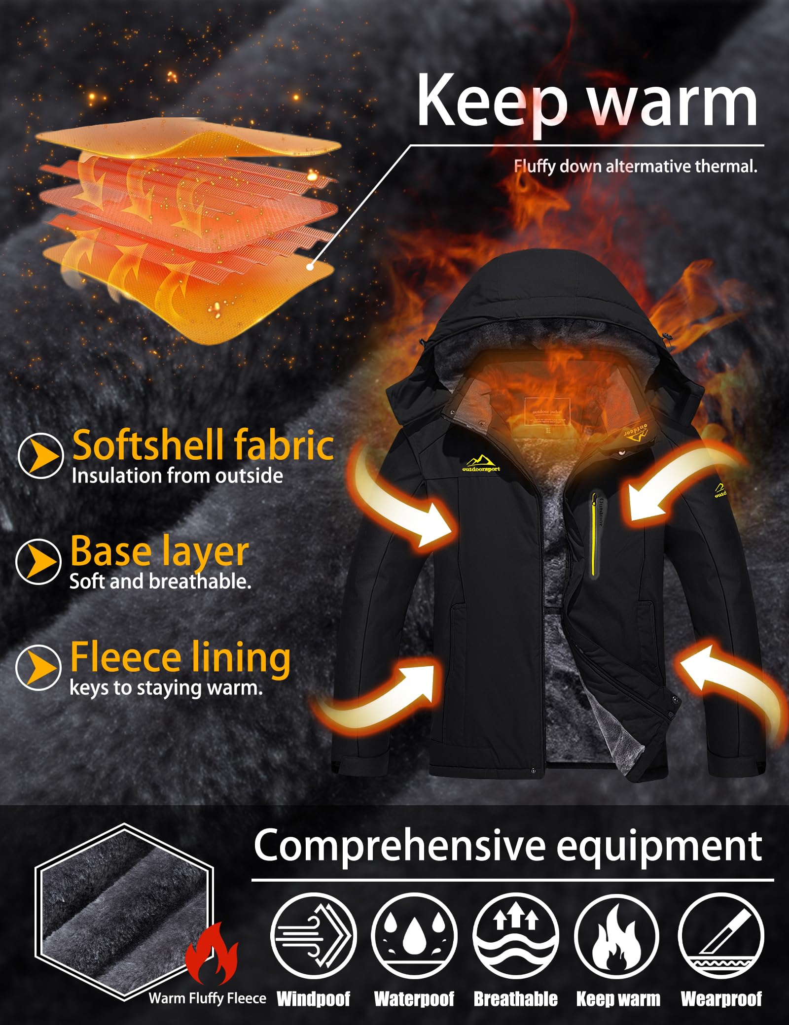 TACVASEN Men's Winter Ski Jacket Waterproof Snow Coats Snowboard Fleece Lining Jacket Warm Parka with Hooded Black L