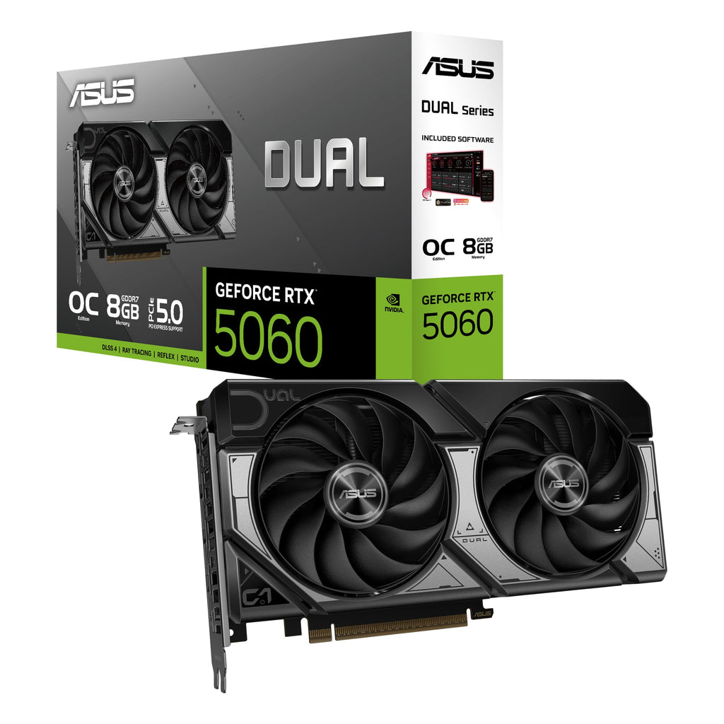 ASUS Dual GeForce RTX™ 5060 8GB GDDR7 OC Edition (PCIe 5.0, 8GB GDDR7, DLSS 4, HDMI 2.1b, DisplayPort 2.1b, 2.5-Slot Design, Axial-tech Fan Design, 0dB Technology, and More)