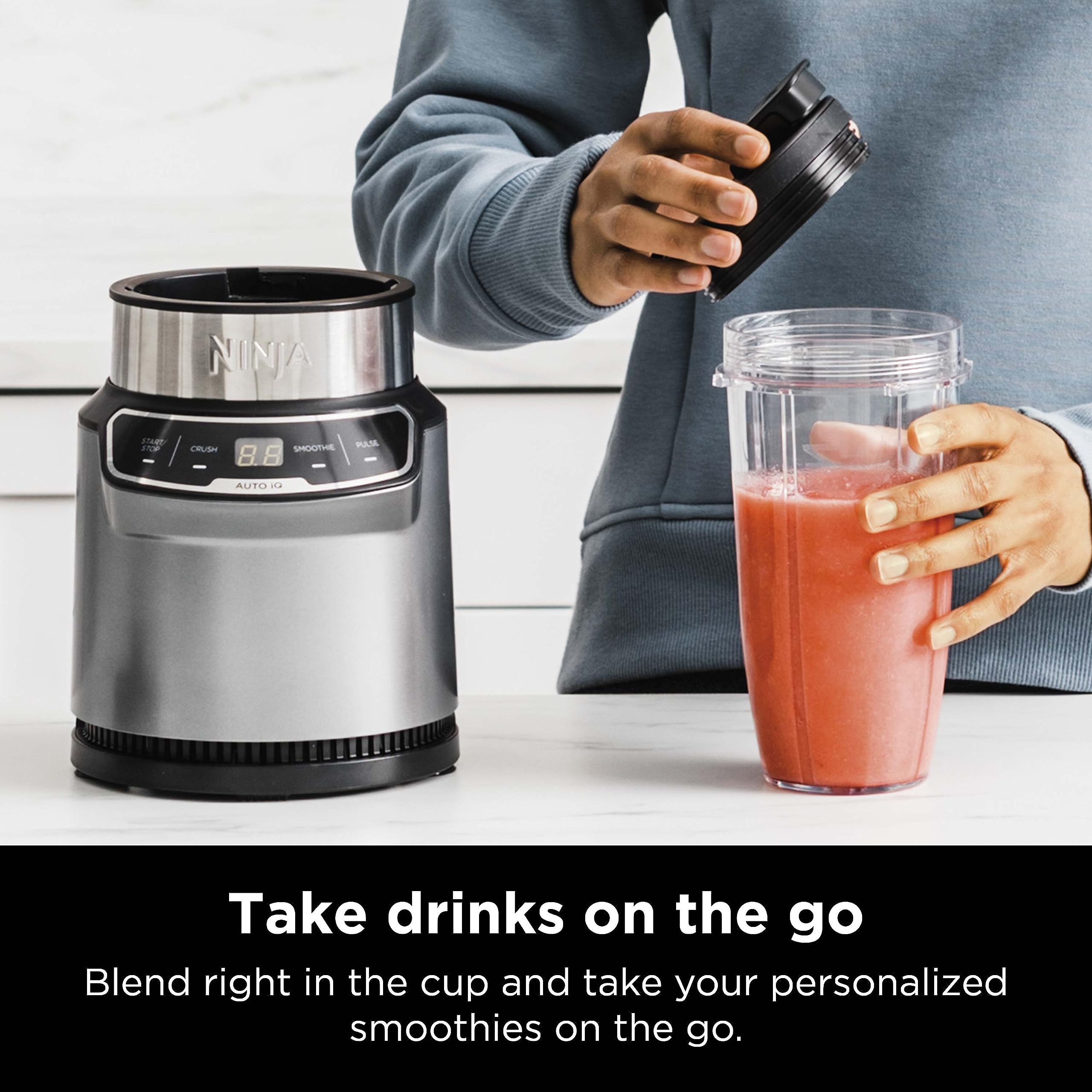Ninja | Blender | Nutri Pro | Single Serve | For Smoothies, Salsa, Shakes and Frozen Drinks | Includes 2 Smoothie Cups & Lids | Crushes Ice, Fruit & Veggies |Silver | BN401