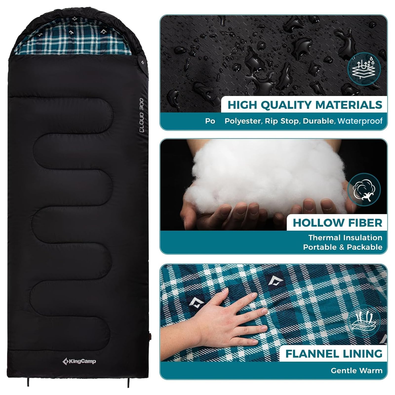 KingCamp Sleeping Bag for Adults, Cold Weather & Warm XL Big and Tall Flannel Sleeping Bags with Compression Sack Portable Waterproof Essentials Gear Accessories for Outdoor Camping (Black Left)