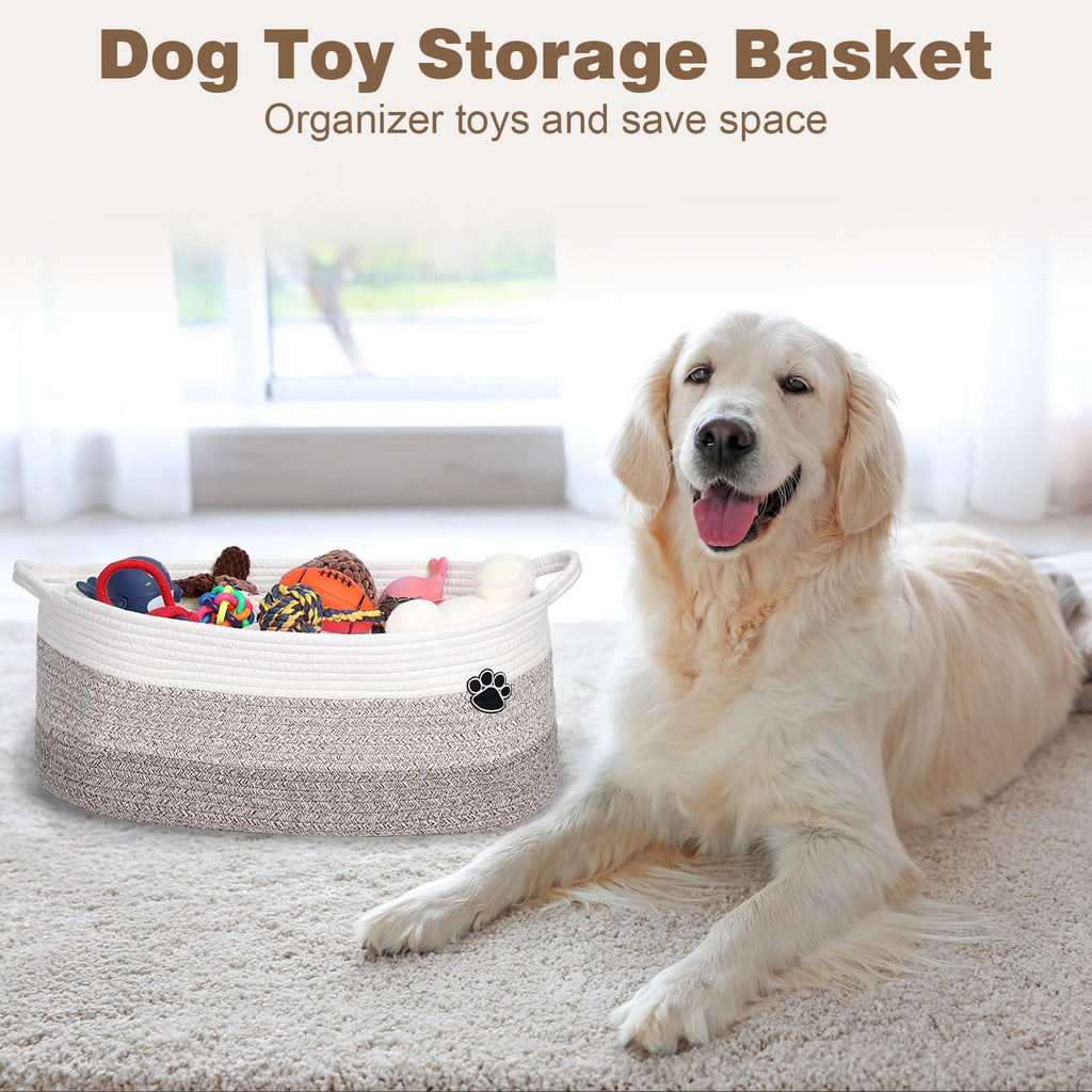 Optish Dog Toy Basket, Toy Box and Bin for Dog Cat Storage, 19.7" X 11" X 7.9" (30L) Large Woven Rope Basket for Blanket Storage, Living Room, Bedroom, White & Brown
