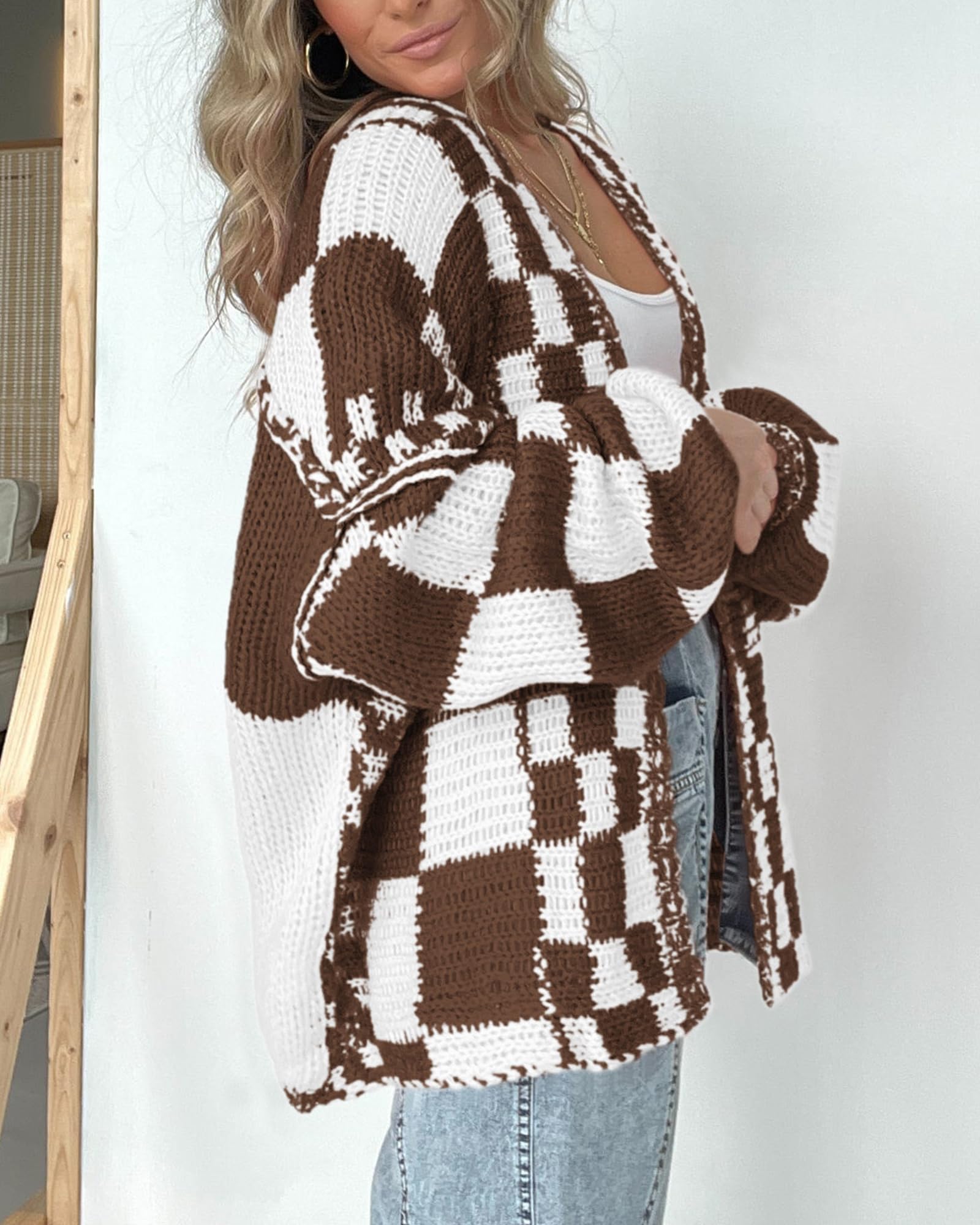 BTFBM Casual Cardigan Sweater for Women Fall 2025 Long Sleeve Open Front Chunky Knit Sweaters Checkered Outwear Coat(Brown,Small)