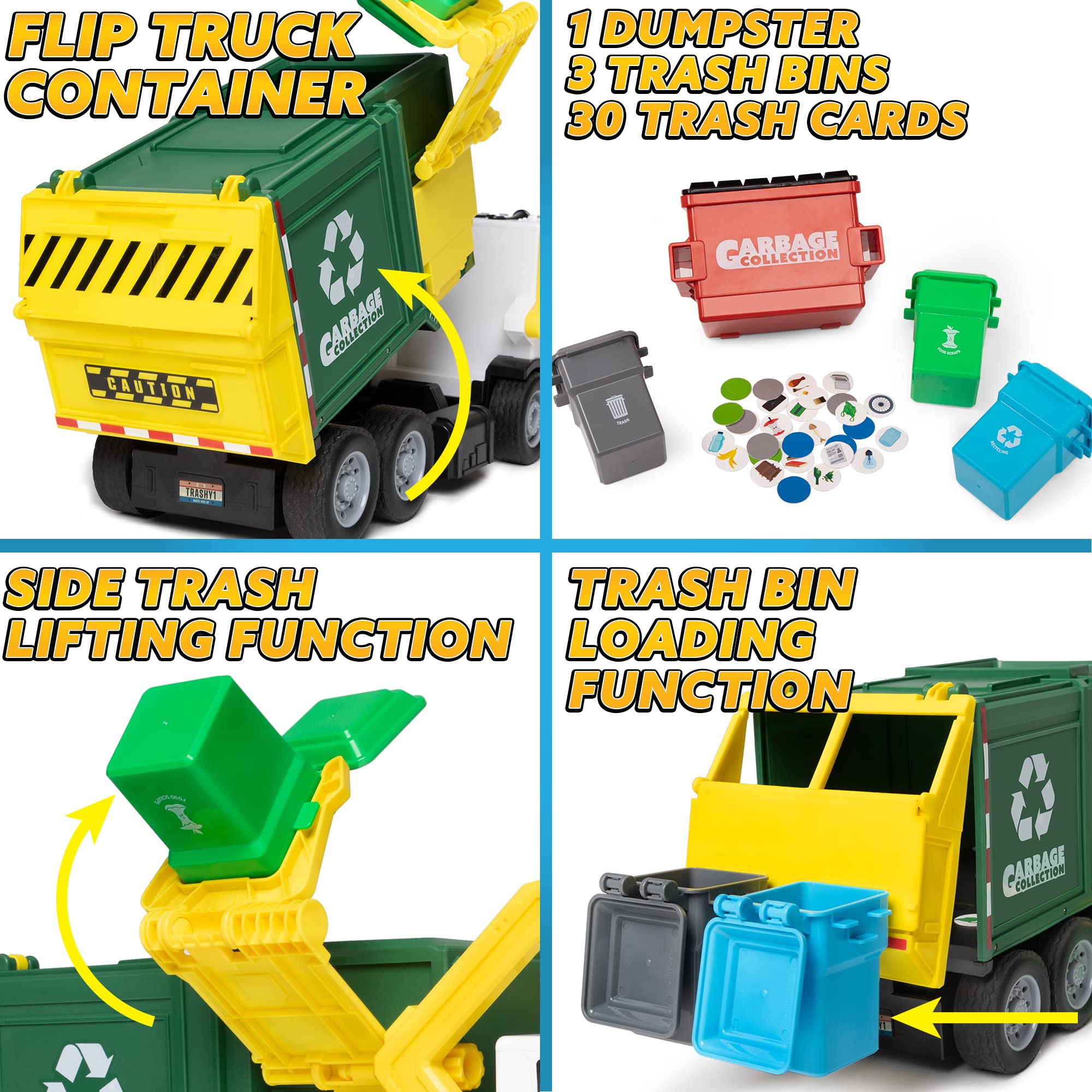 JOYIN Large Friction Powered Garbage Truck Toy Set, Includes Dumpster, Trash Bins, and Learning Cards for Kids, Boy Toys Birthday Gift for Boys Girls Kids Toddler Gift of Easter Basket Stuffers